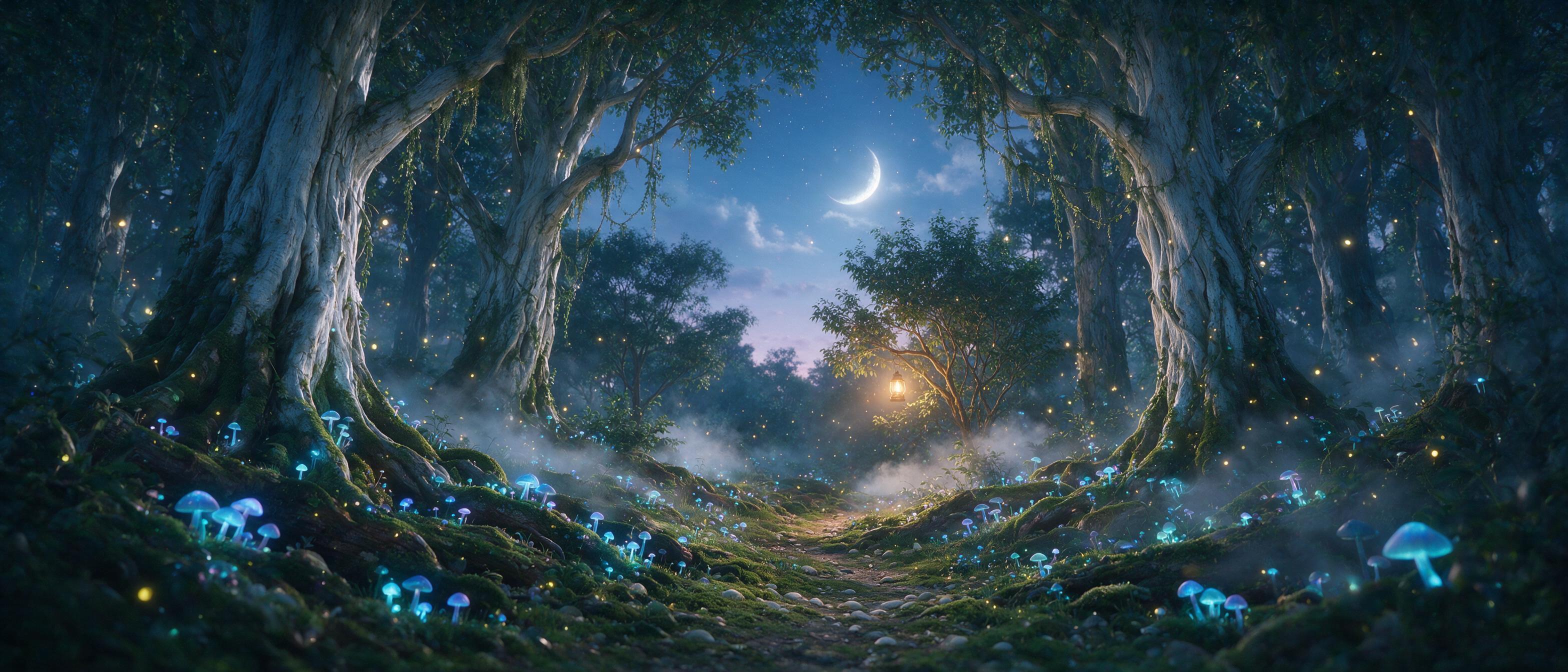 An ethereal forest at twilight, glowing bioluminescent mushrooms and fireflies illuminate a winding path, towering ancient trees with silver bark, soft mist rising, warm golden light from a hidden lantern, cinematic composition, dreamy atmosphere, slight lens flare.