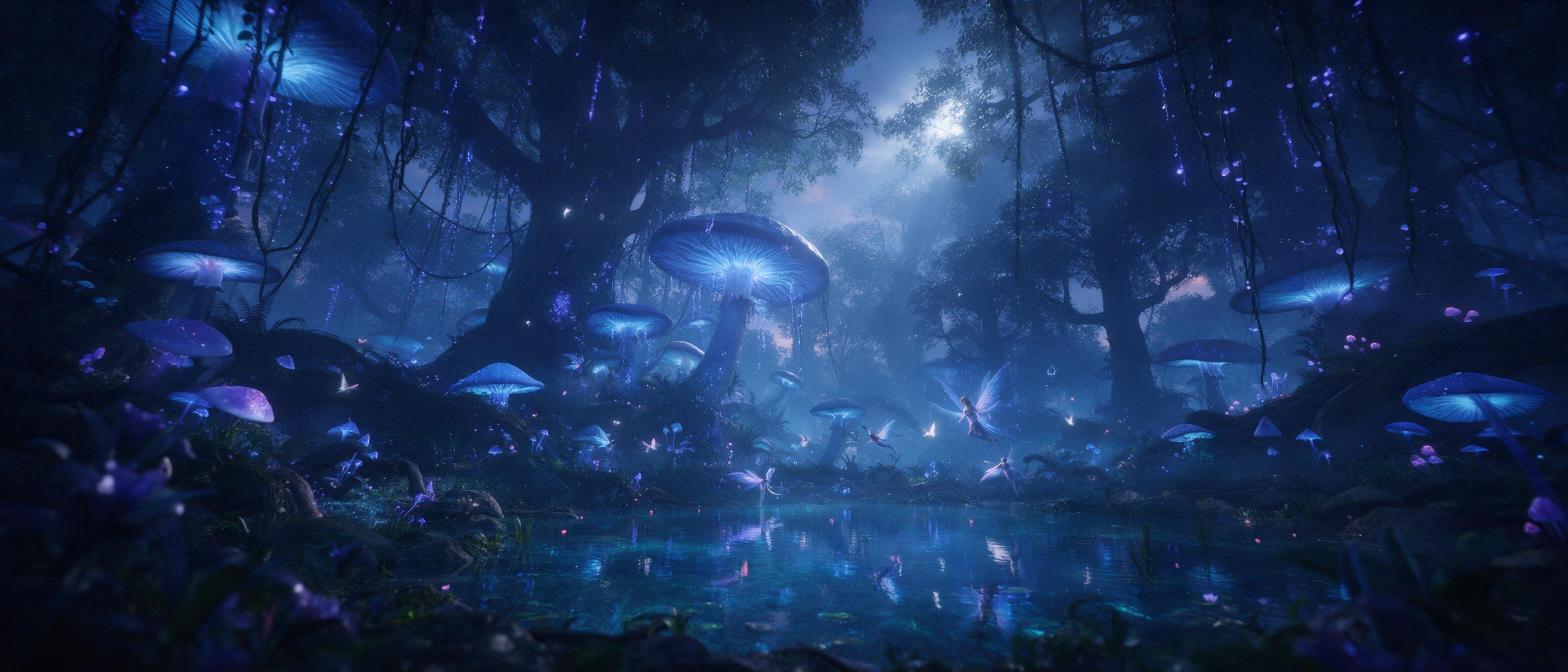 A misty, bioluminescent forest at dusk, where giant glowing mushrooms and hanging vines emit soft blue and violet light, weaving through ancient trees. Ethereal winged creatures hover near a crystal-clear pond, their reflections shimmering. Moonbeams pierce the canopy, casting long shadows. Cinemati