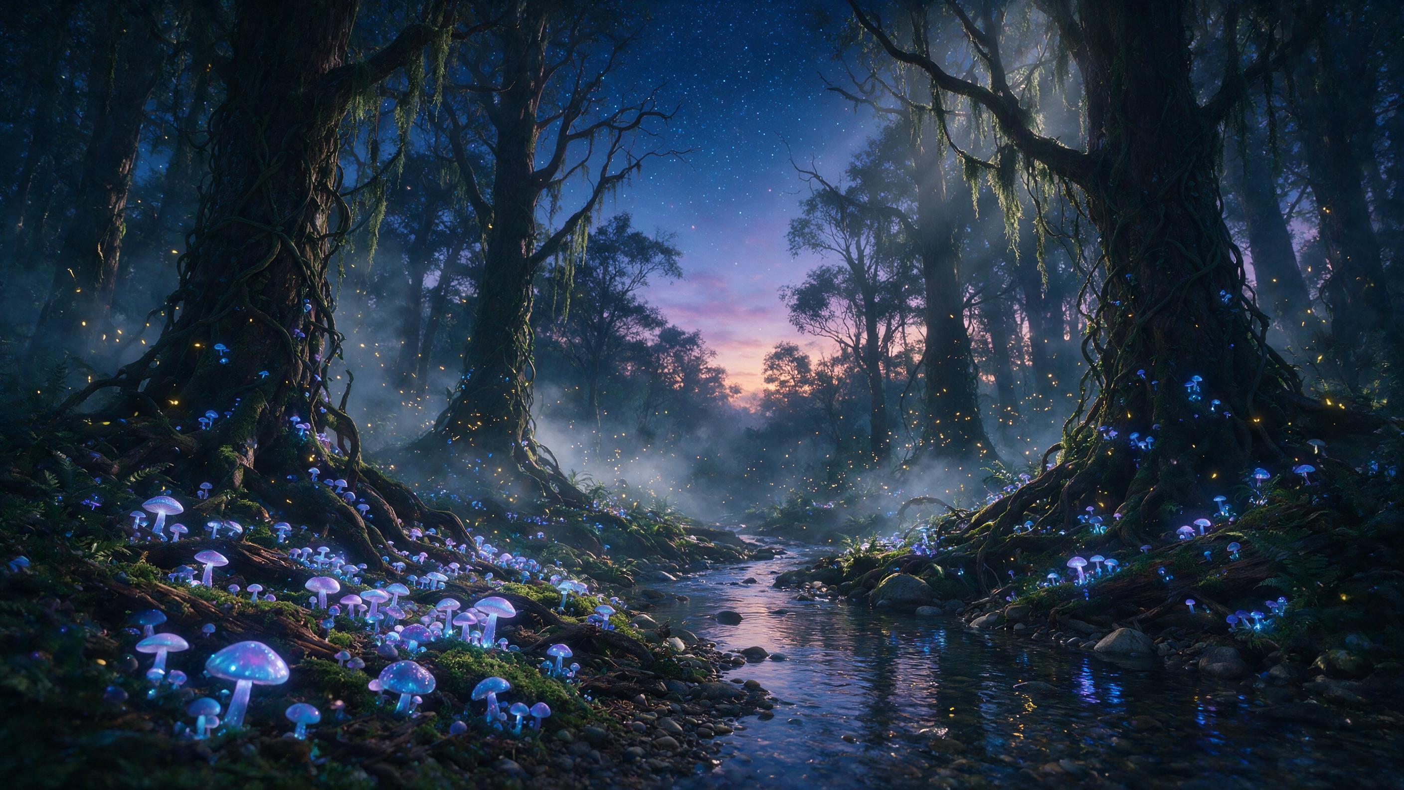 A luminous bioluminescent forest at twilight, with glowing blue and purple mushrooms carpeting the mossy ground, towering ancient trees with twisted roots, soft mist weaving through the air, fireflies dancing in golden spirals, a clear stream reflecting the starry sky, ethereal light rays piercing t