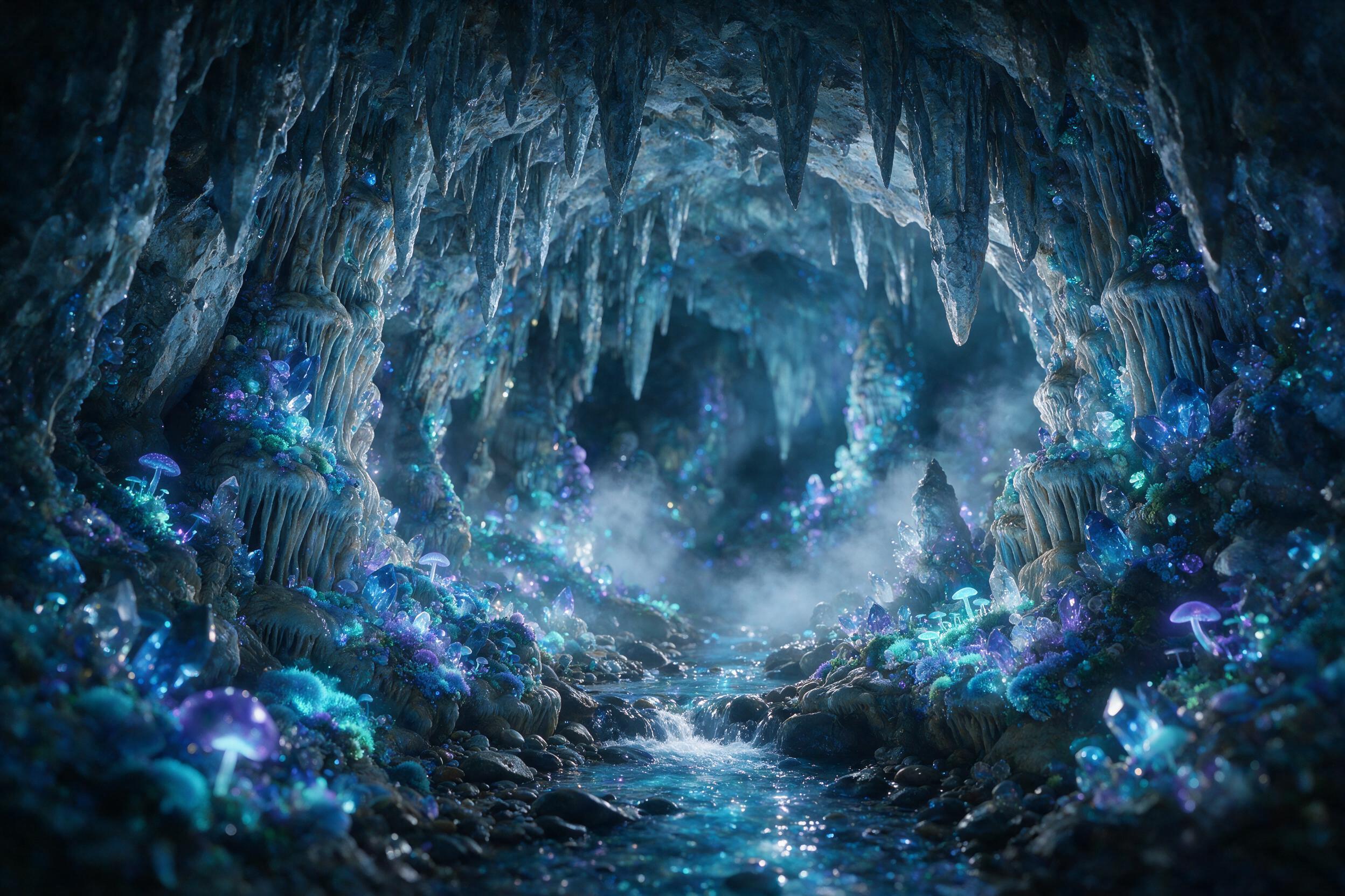 A glowing crystal cave deep underground, bioluminescent fungi and moss casting soft blue and purple light on stalactites, a small luminous stream flowing through, mist rising, ethereal atmosphere, shallow depth of field, natural lighting from the crystals