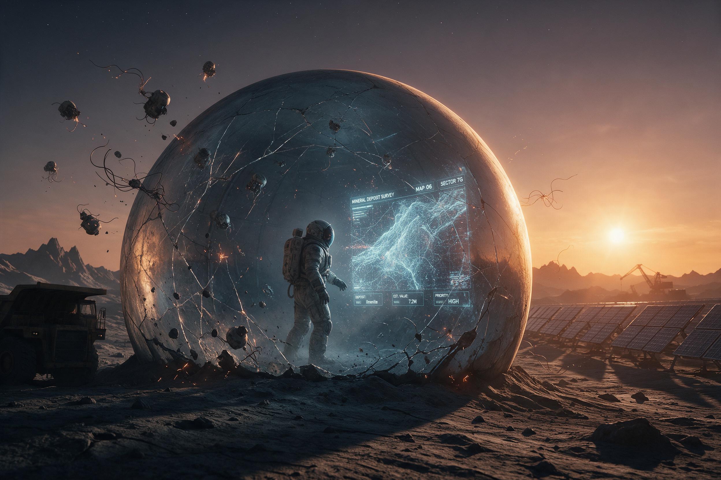 Abandoned lunar mining station at dusk, harsh orange sunlight casting long shadows over dust-caked solar panels. Inside a cracked dome, a lone astronaut in a worn suit examines a holographic map flickering with static, while stray cables and broken robotics drift in zero-g. Cinematic wide shot, volu