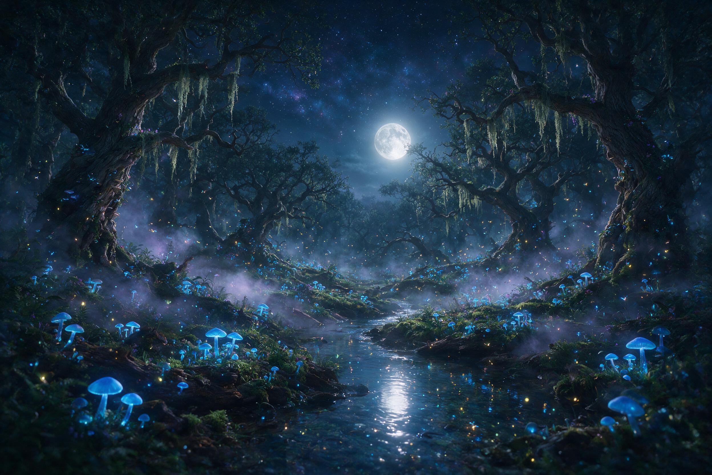Ethereal moonlit forest clearing with glowing blue mushrooms, ancient twisted oak trees, soft mist rising from the ground, a small stream reflecting starlight, fireflies dancing in the air, deep purple and blue color palette, moody atmospheric lighting, slight camera movement creating a dreamy blur