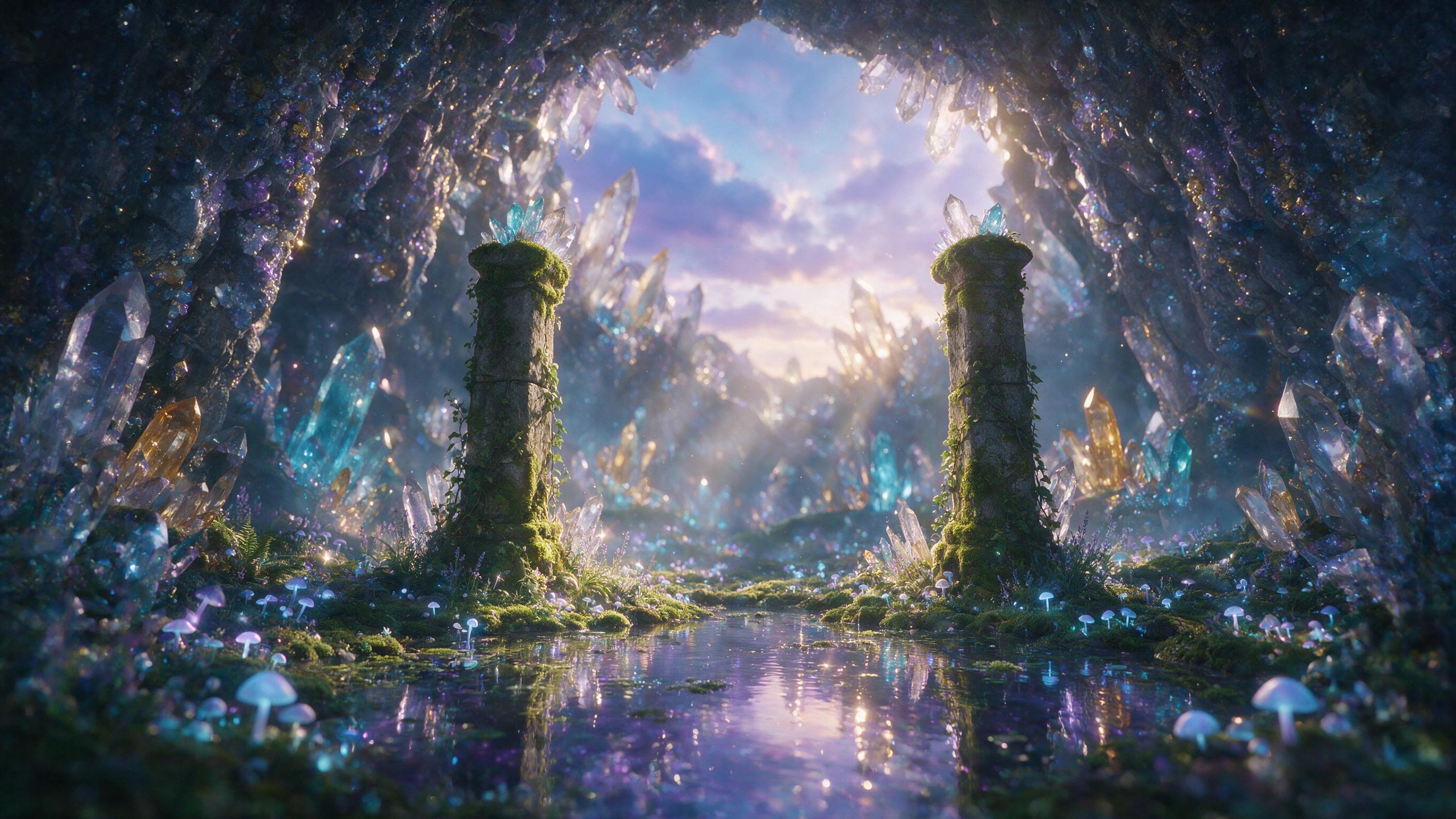 A luminous crystal cave at twilight, glowing mushrooms on the ground, ethereal light rays piercing through mist, ancient stone pillars covered in moss, deep purple and turquoise hues, soft bokeh in the background, water pool reflecting the light, cinematic composition, subtle lens flare.