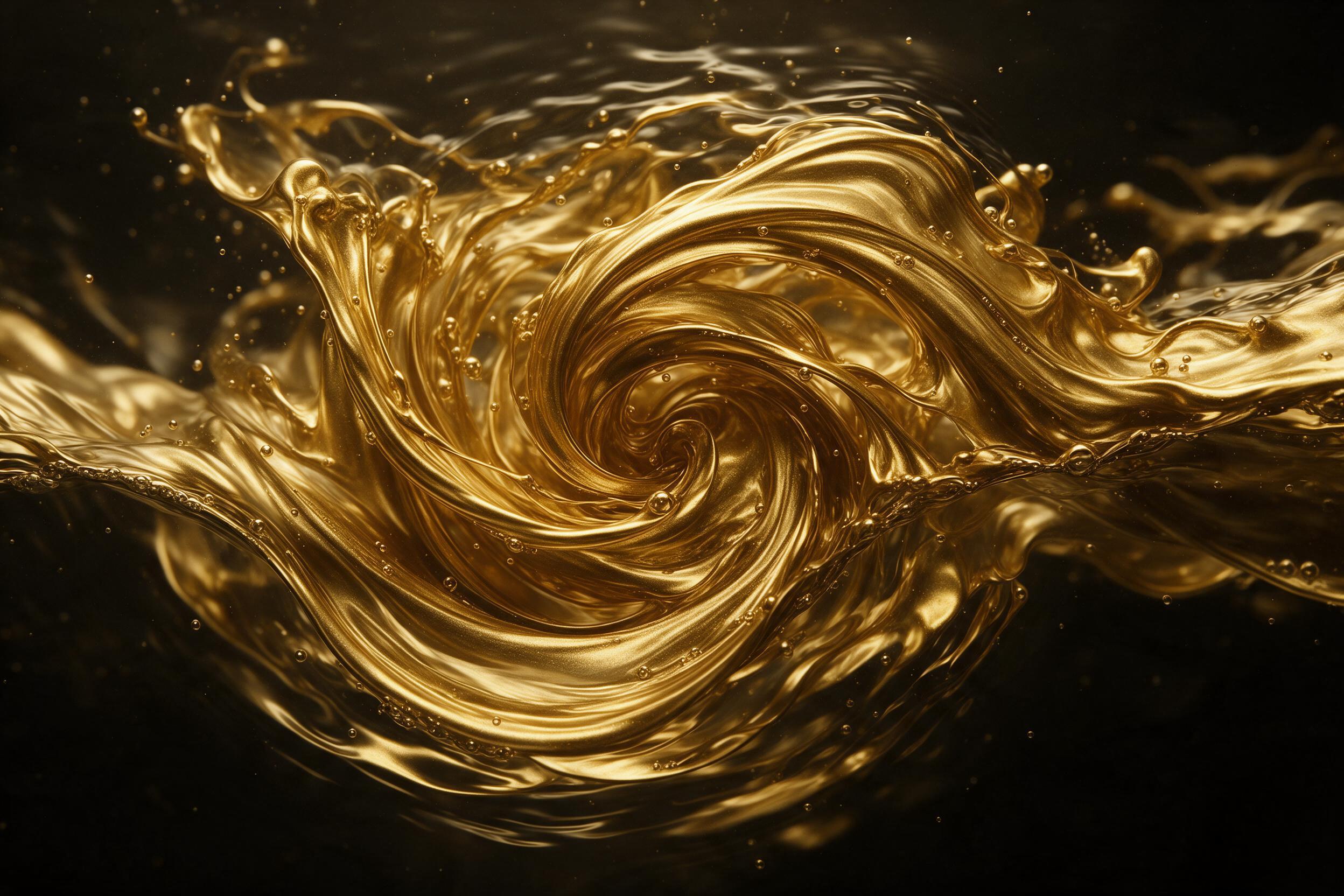 Molten gold liquid swirling in clear water, forming intricate fractal-like ribbons against a deep black background, stark contrast, side lighting casting sharp highlights and deep shadows, macro lens, subtle bubbles and ripples, elegant chaos, smooth flow, monochrome gold and black palette