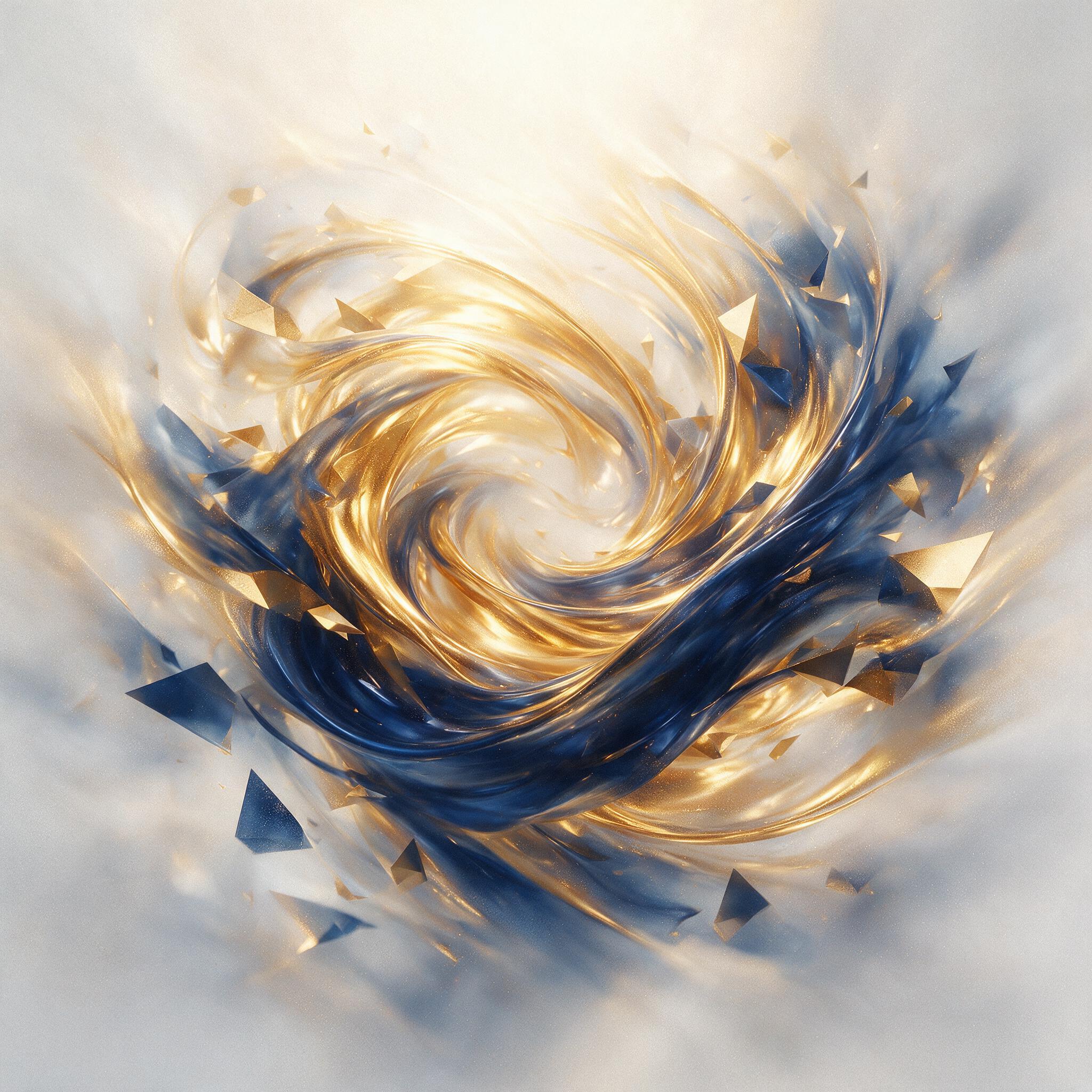 A swirling vortex of molten gold and deep indigo, fluid curves intersecting with sharp geometric shards, soft diffused light from above creating a gradient, minimalist composition with negative space, slight grain texture