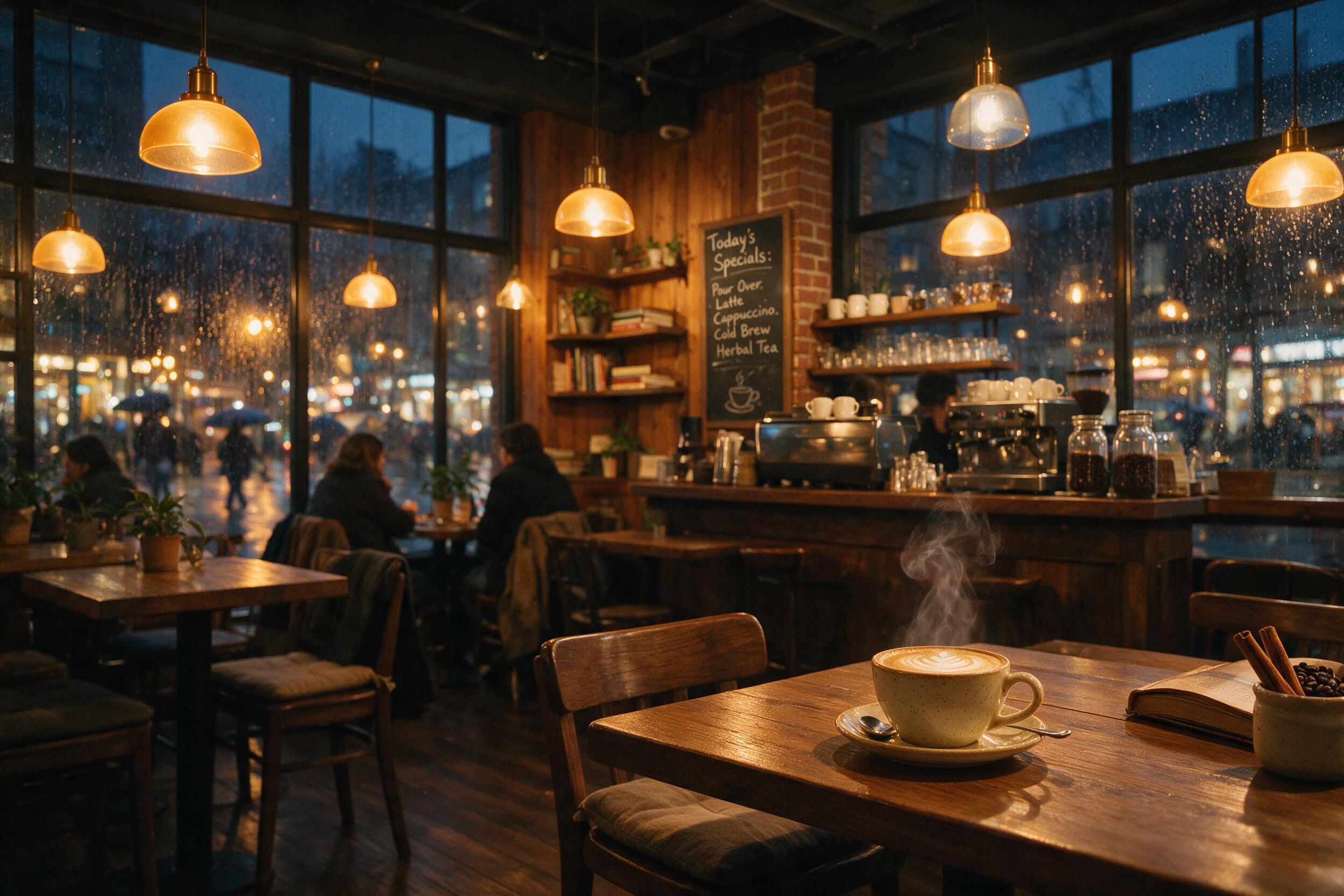 A cozy coffee shop interior with warm amber pendant lights, soft steam rising from a ceramic cup on a wooden table, rain-streaked window showing blurred city streetlights, shallow depth of field, natural evening lighting, slight film grain.