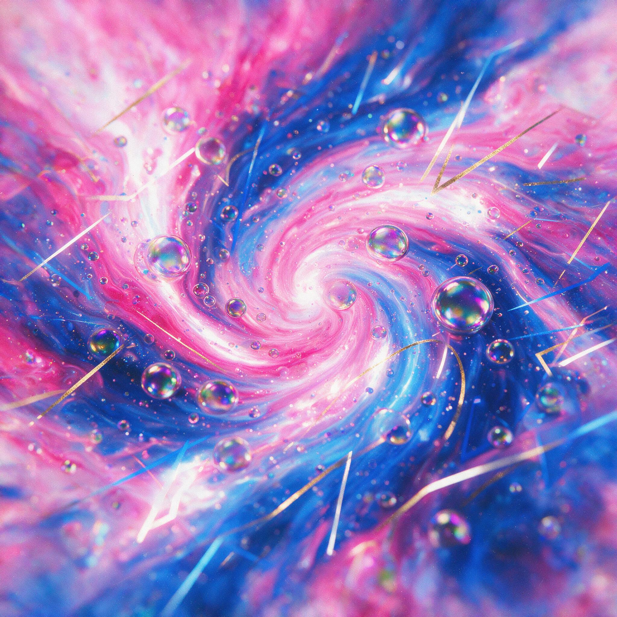 A swirling galaxy of neon pink and electric blue fluid art, with iridescent bubbles and sharp geometric lines intersecting, captured in a macro shot with soft diffused lighting and a shallow depth of field, grainy texture.