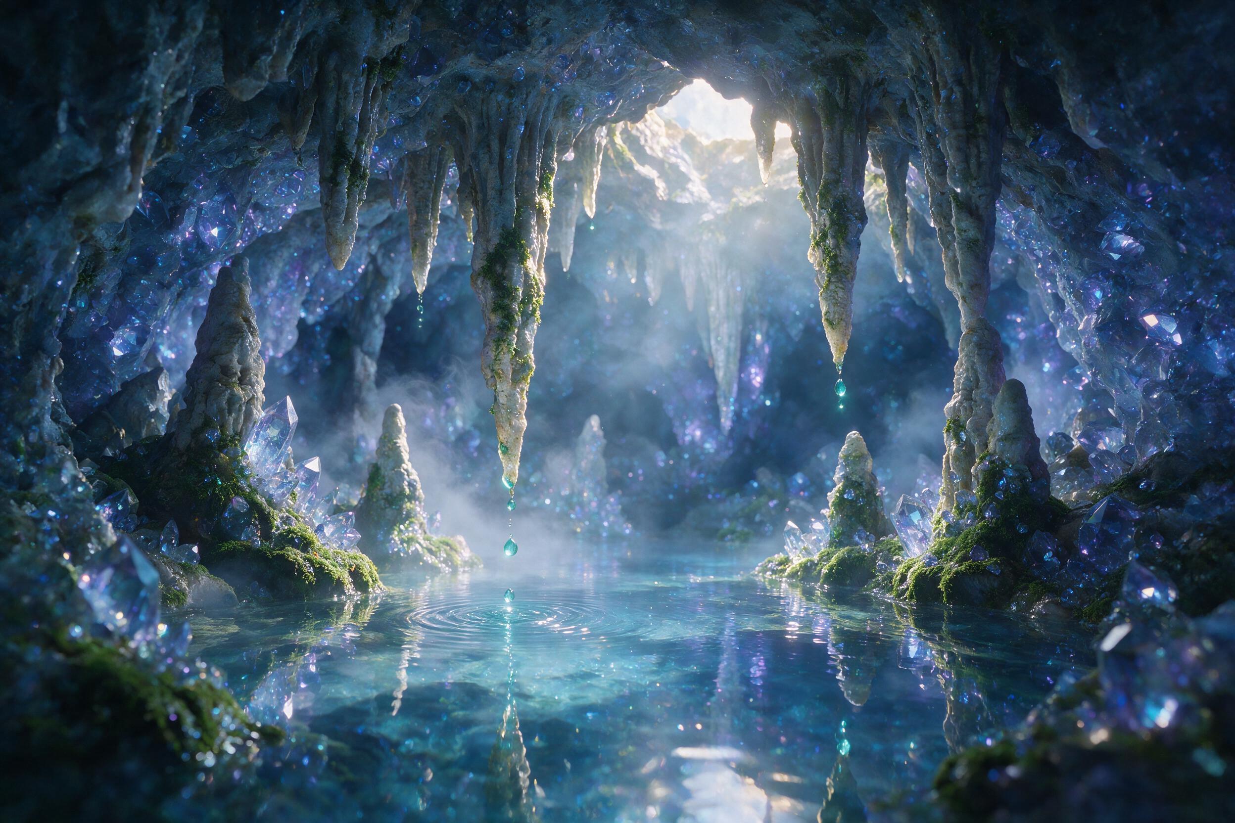 A luminous crystal cave glows with soft blue and violet light, delicate moss-covered stalactites drip with luminescent water, ethereal mist swirls around a shallow reflecting pool, natural light filtering through cracks above, shallow depth of field focusing on the shimmering pool, peaceful atmosphe