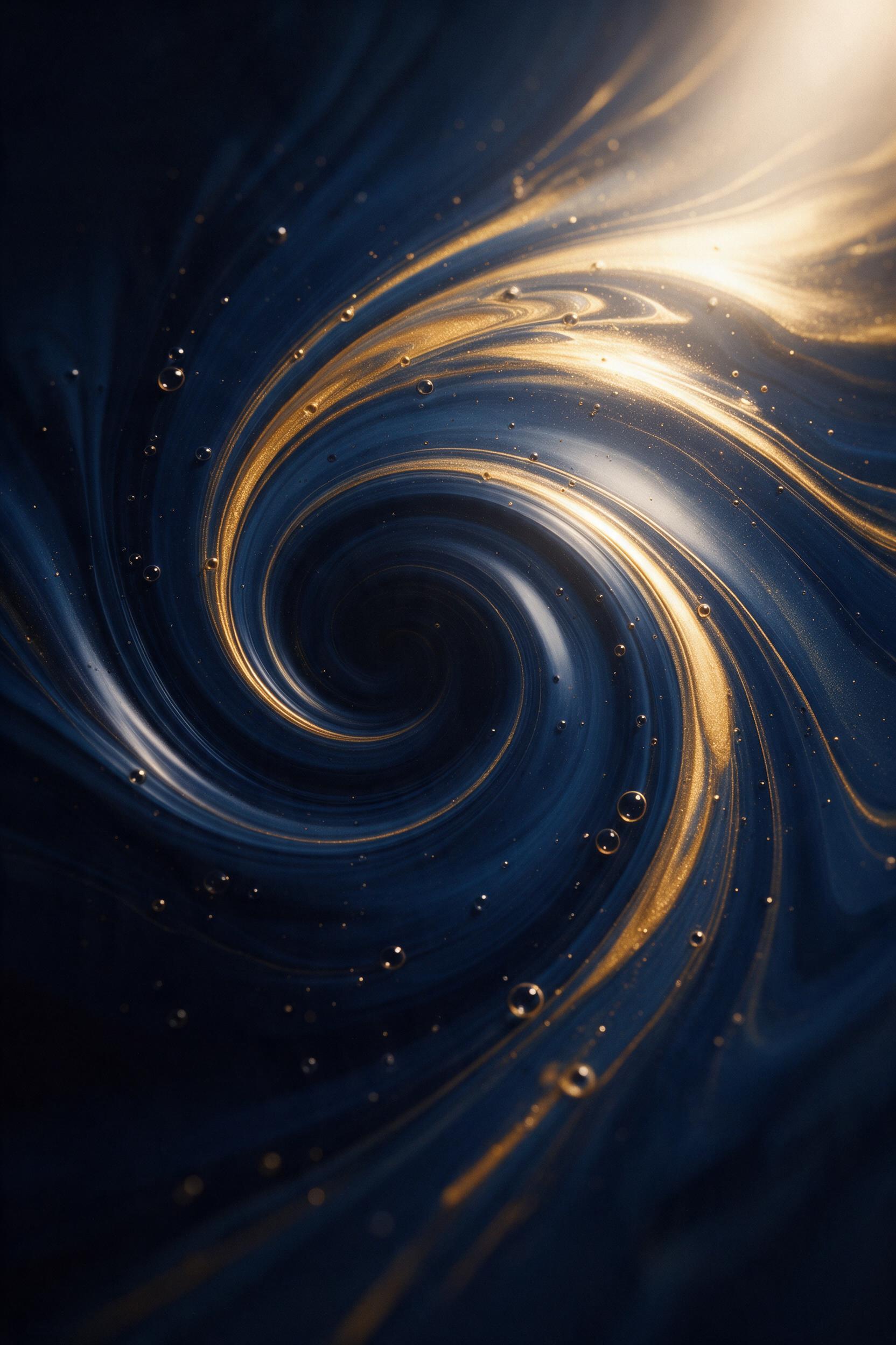A fluid art piece with swirling molten gold and midnight blue waves, capturing motion with soft-blurred edges, delicate bubbles rising through creamy silk texture, dramatic chiaroscuro effect from a single warm spotlight, subtle film grain background, smooth minimalist composition focusing on organi
