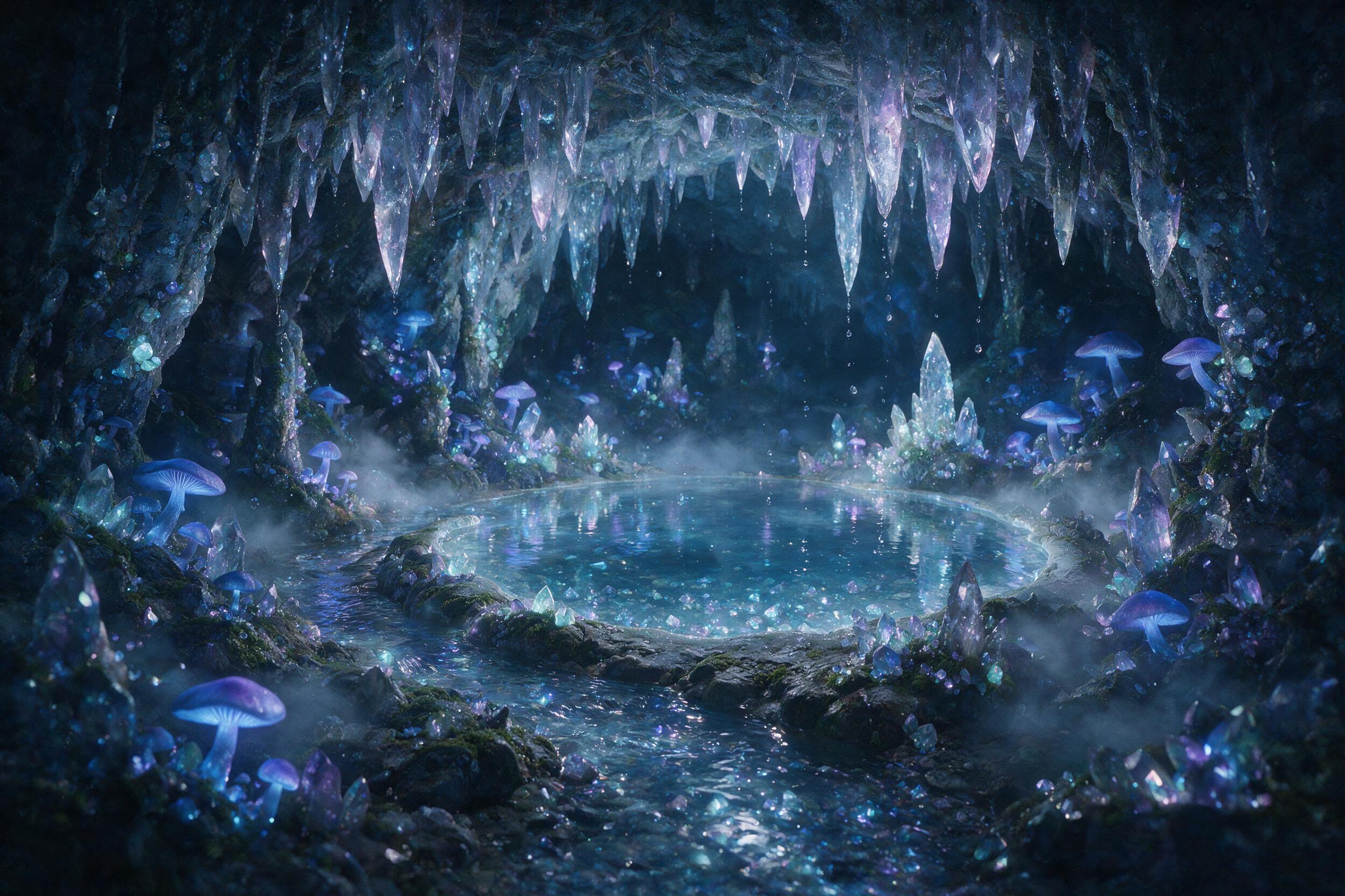 A glowing crystal cave deep underground, bioluminescent mushrooms casting soft blue and violet light, a small stream reflecting the glow, stalactites dripping with moisture, ethereal mist rising, natural lighting from the crystals, composition centered on a crystalline pool, slight grain for atmosph