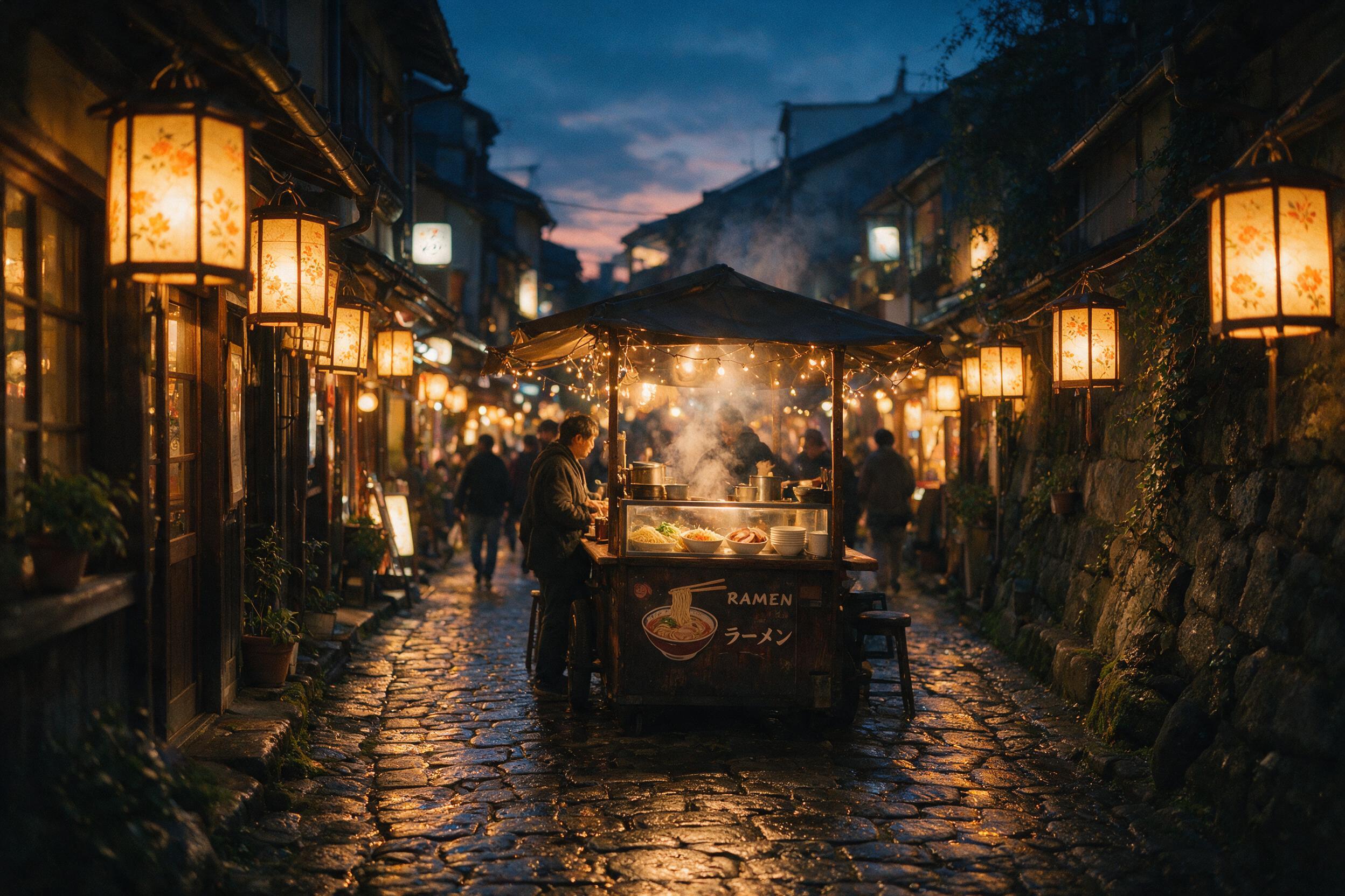 A cozy Tokyo alley at dusk, warm lantern light casting amber glow on wet cobblestones, steam rising from a ramen stand, blurred figures in background, natural film grain, slight motion blur.