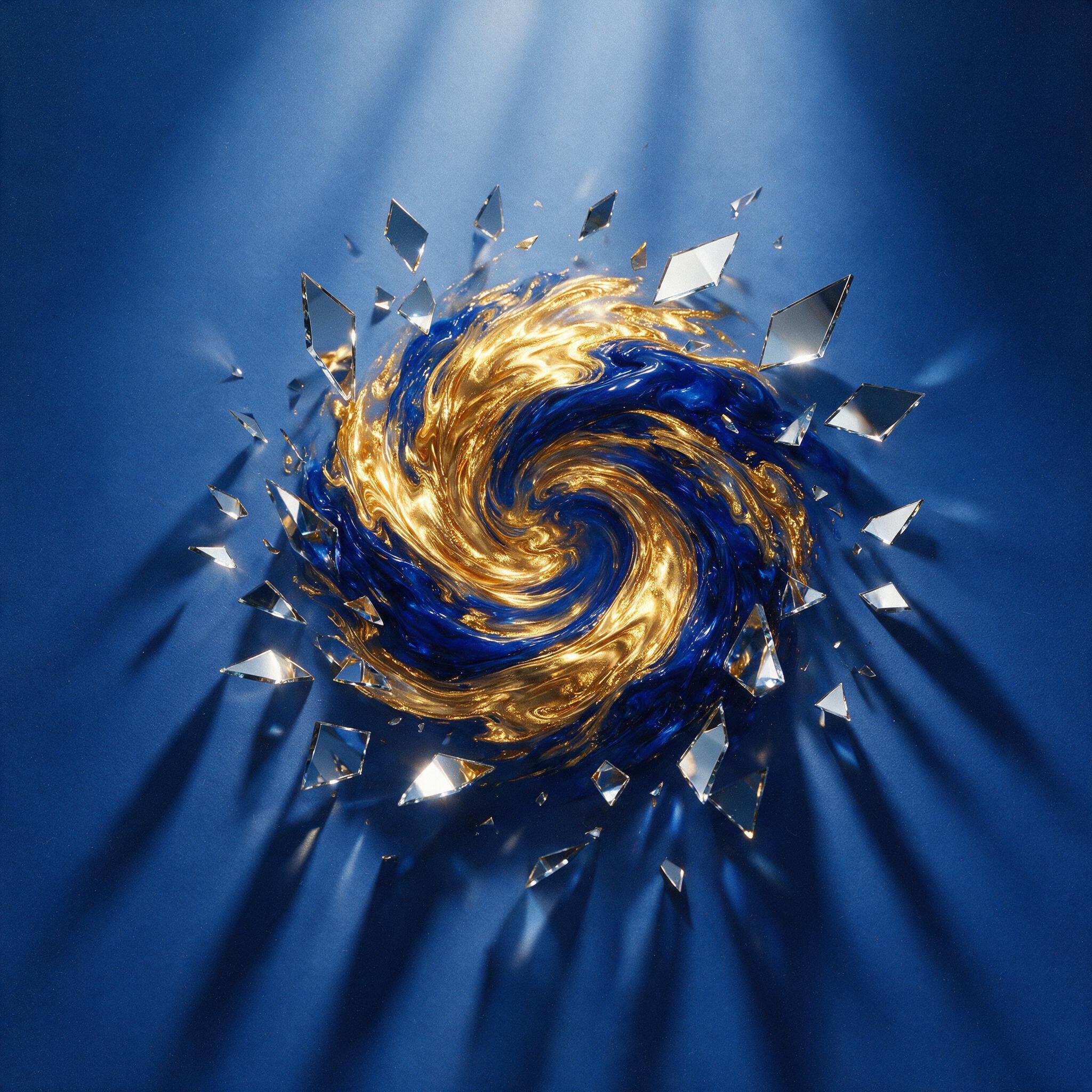 A swirling vortex of molten gold and deep cobalt blue, geometric shards of mirror floating in mid-air, soft diffused light from above casting long shadows, minimalist composition with negative space, slight grain texture, no visible human elements