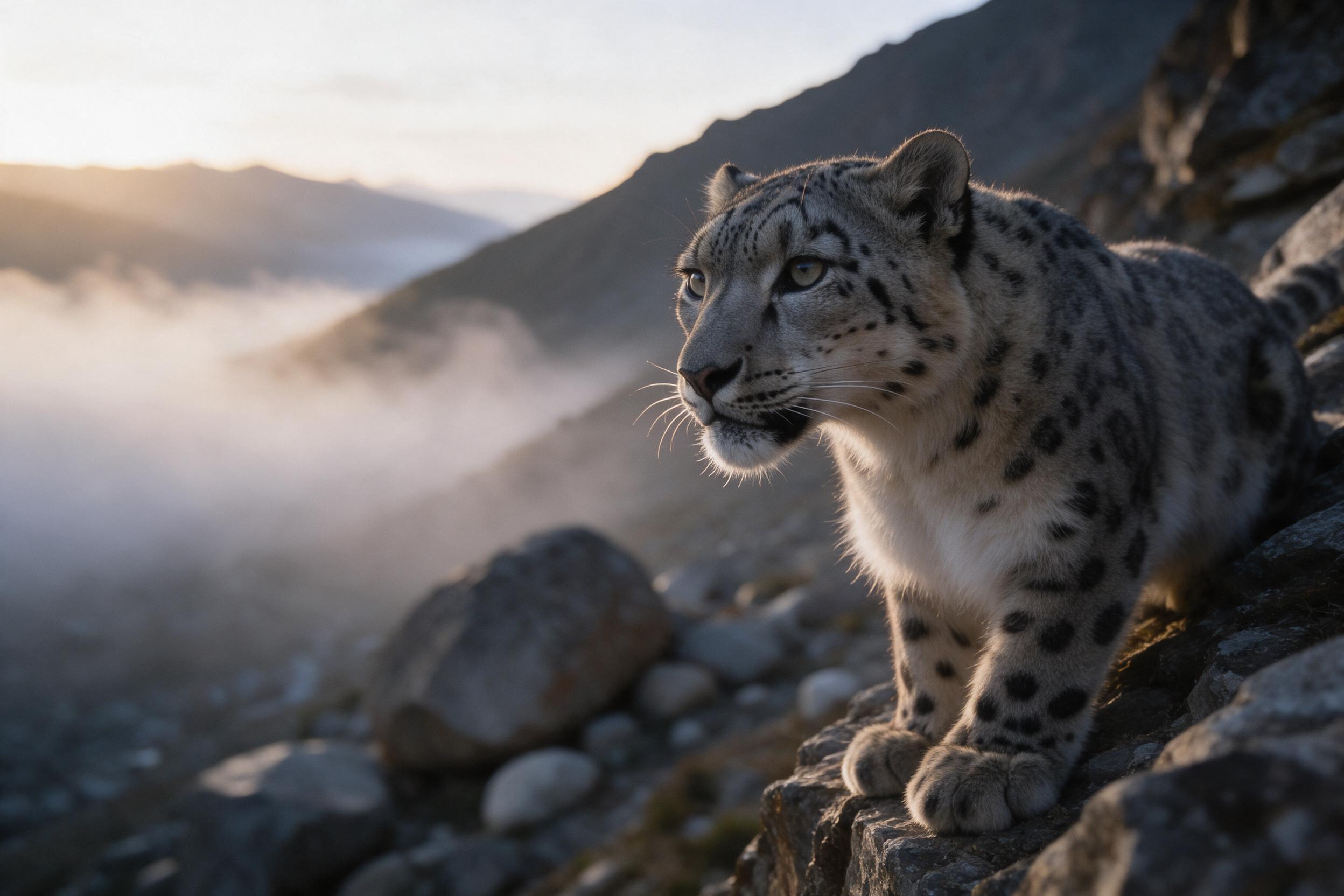 A snow leopard perched on a rocky cliff at dawn, mist rolling through the Himalayan valley below, soft golden light catching its fur, alert eyes focused on the distance, sharp detail in the cat's whiskers, natural grain, shallow depth of field with blurred boulders in background.