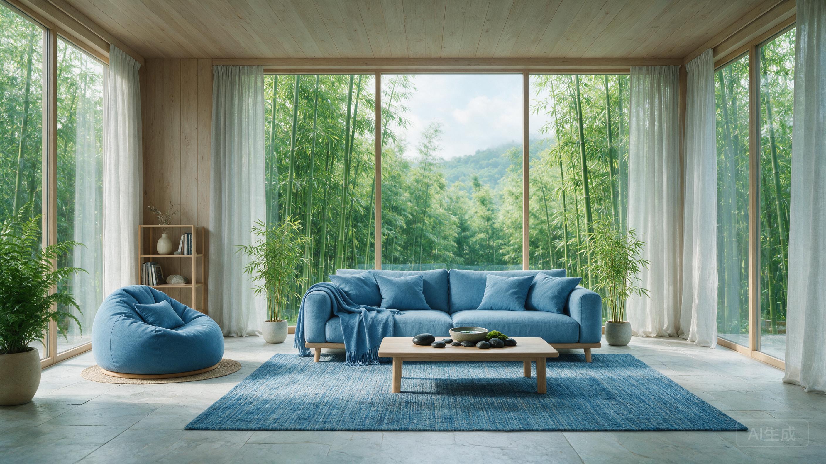 Modern zen meditation space with floor-to-ceiling windows overlooking bamboo forest, minimal design, calm blue tones