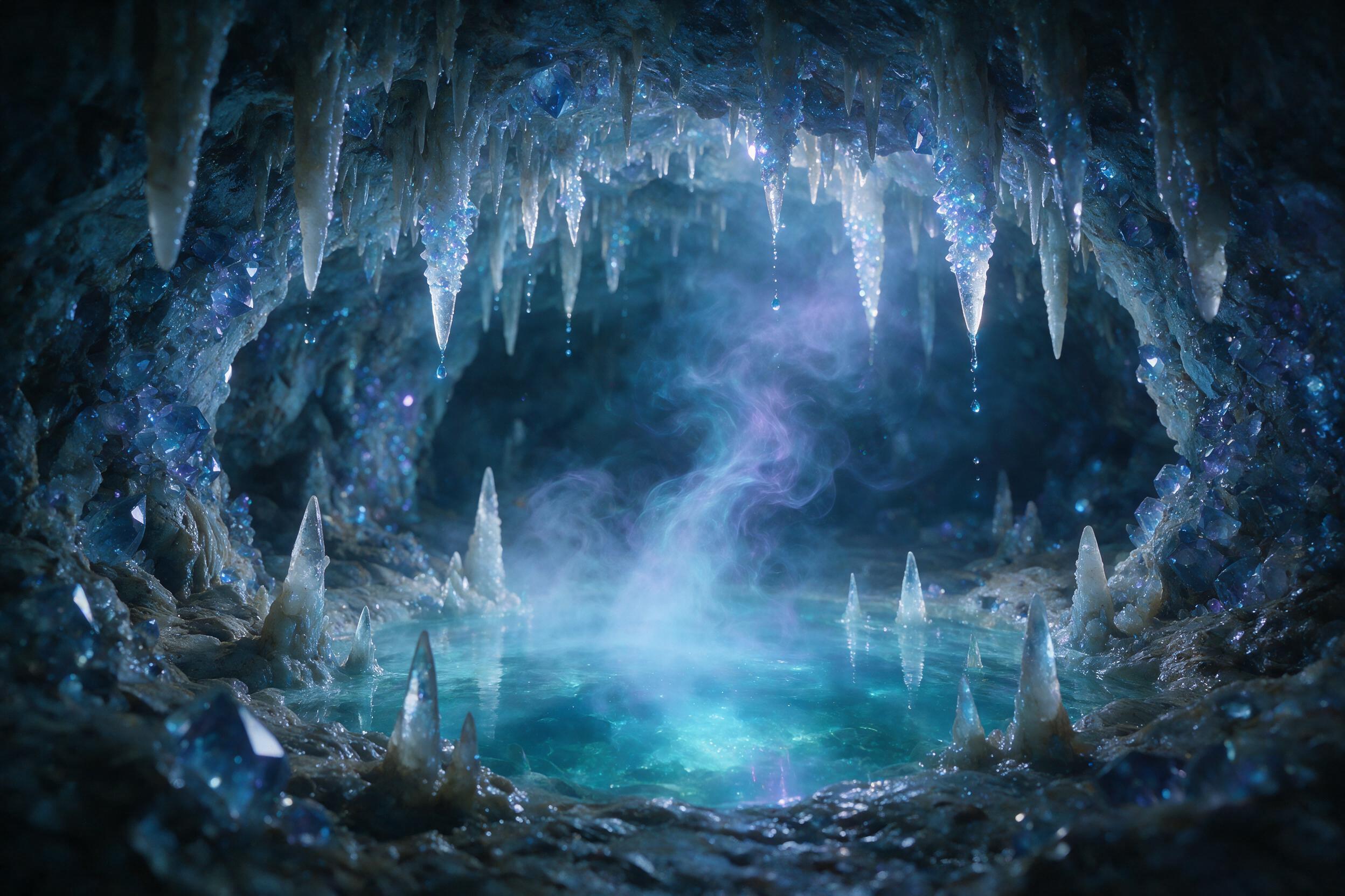 A luminous crystal cave deep underground, gentle swirls of bioluminescent mist rising from a central pool, stalactites dripping with faintly glowing liquid, soft blue and violet light reflecting off wet rock surfaces, mysterious atmosphere, shallow depth of field, natural cavern textures with subtle