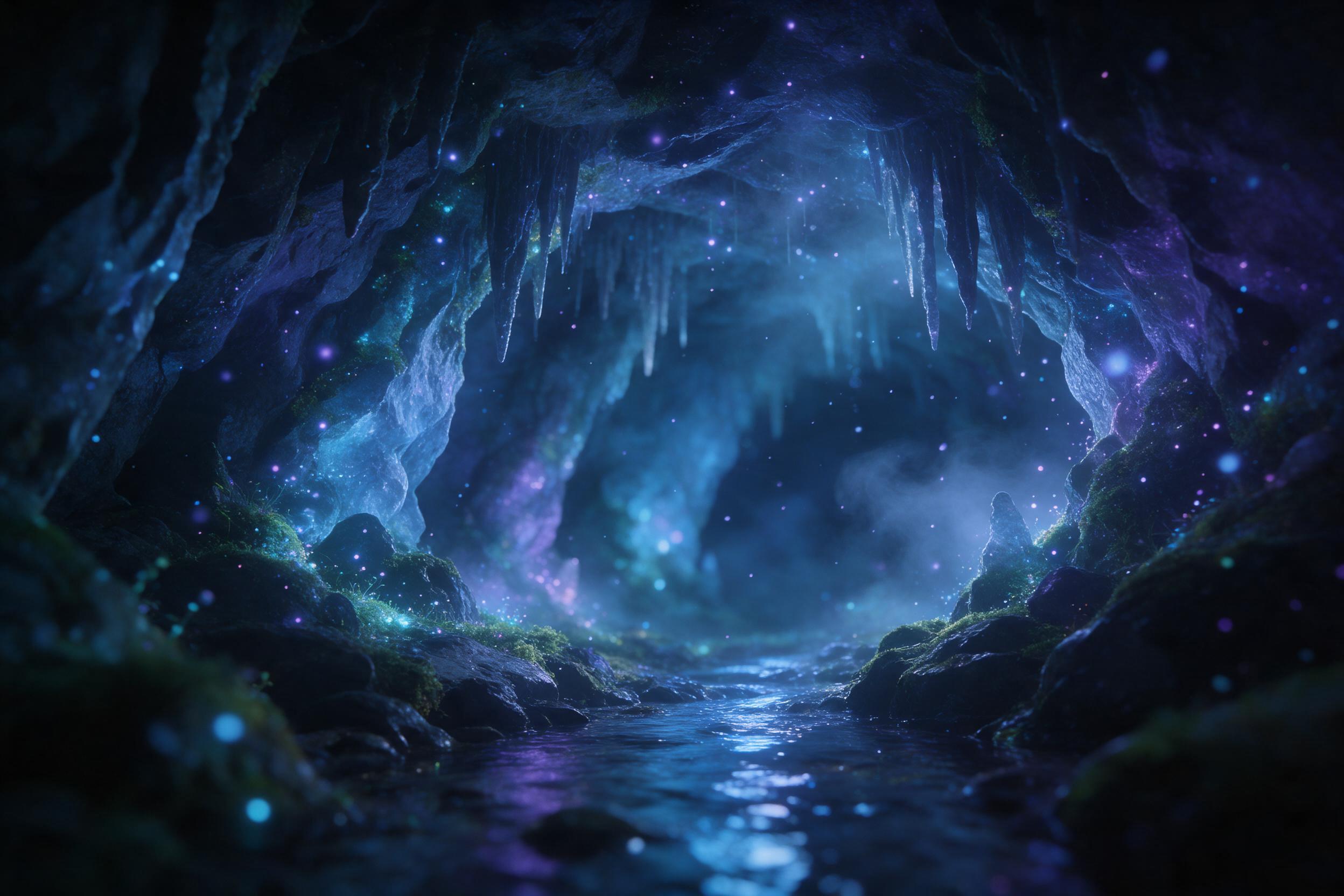 A glowing crystal cave hidden beneath an ancient forest, bioluminescent moss and floating spores illuminate the jagged walls, a small stream reflects the blue and purple light, mist curls around stalactites, serene and mysterious atmosphere, composed with a low-angle shot, depth of field blurring th