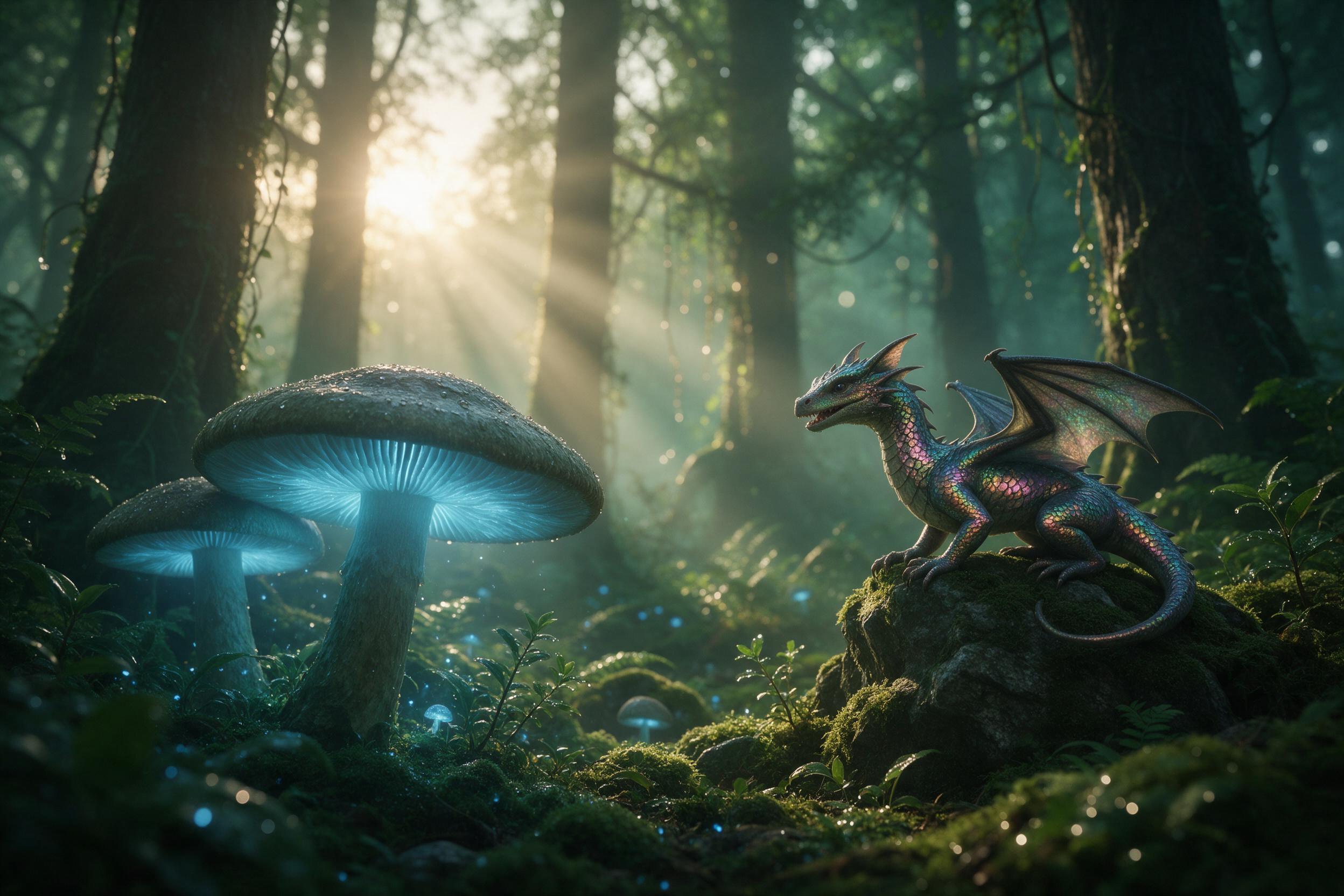 A misty emerald forest at dawn, giant bioluminescent mushrooms casting soft blue glow on mossy ground, a small dragon with iridescent scales perched on a stone, rays of golden light filtering through ancient trees, ethereal atmosphere, shallow depth of field, natural color palette with subtle fantas