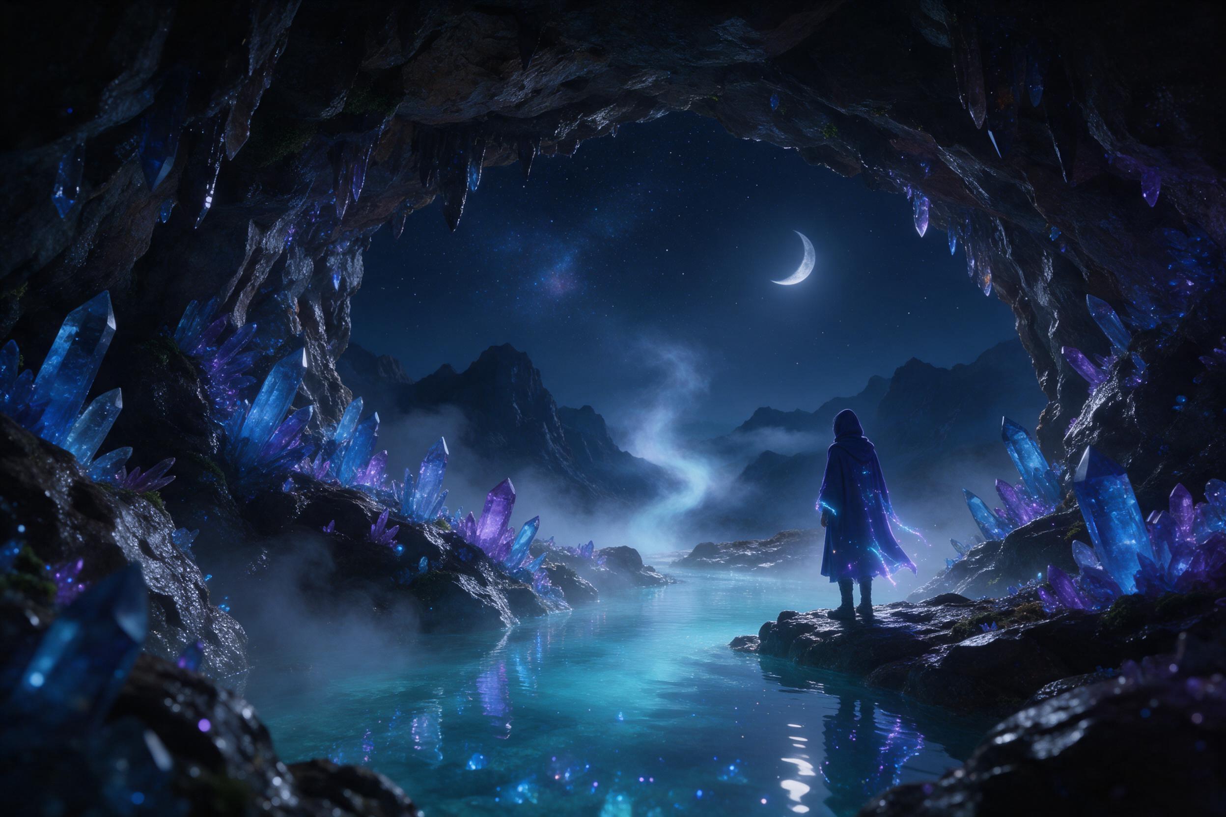 A bioluminescent crystal cavern under a starry night sky, glowing blue and purple crystals protruding from wet rock, a shallow turquoise pool reflecting the celestial lights, mist swirling in the cool air, view from the cavern entrance with a lone figure in a glowing cloak, soft moonlight filtering 