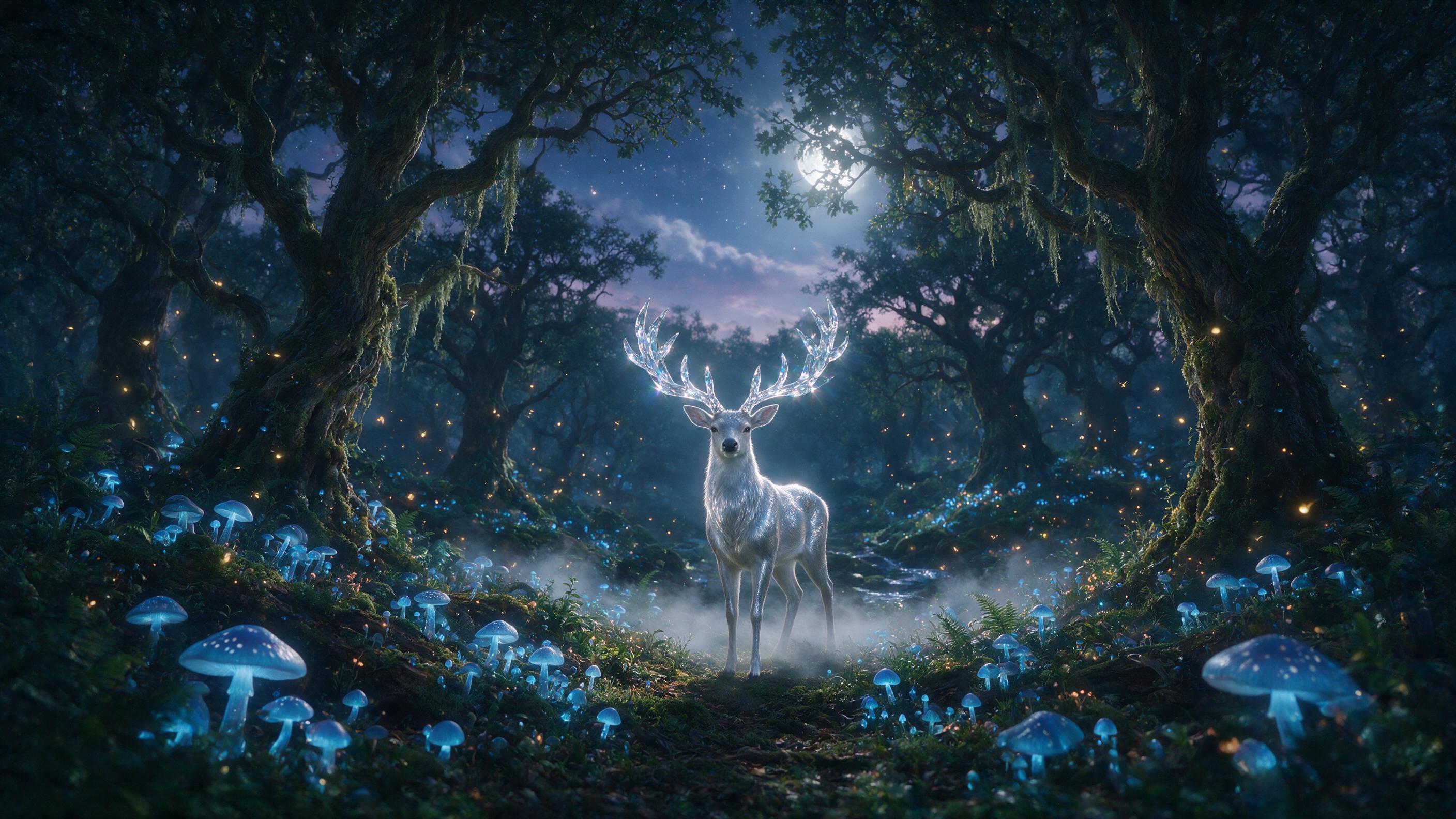 A luminous forest at twilight, glowing blue mushrooms carpet the ground, a single silver deer with crystal antlers stands amidst misty rays of moonlight filtering through ancient twisted oaks, ethereal fireflies dancing, soft fog, cinematic composition, warm amber undertones contrast with cool blues