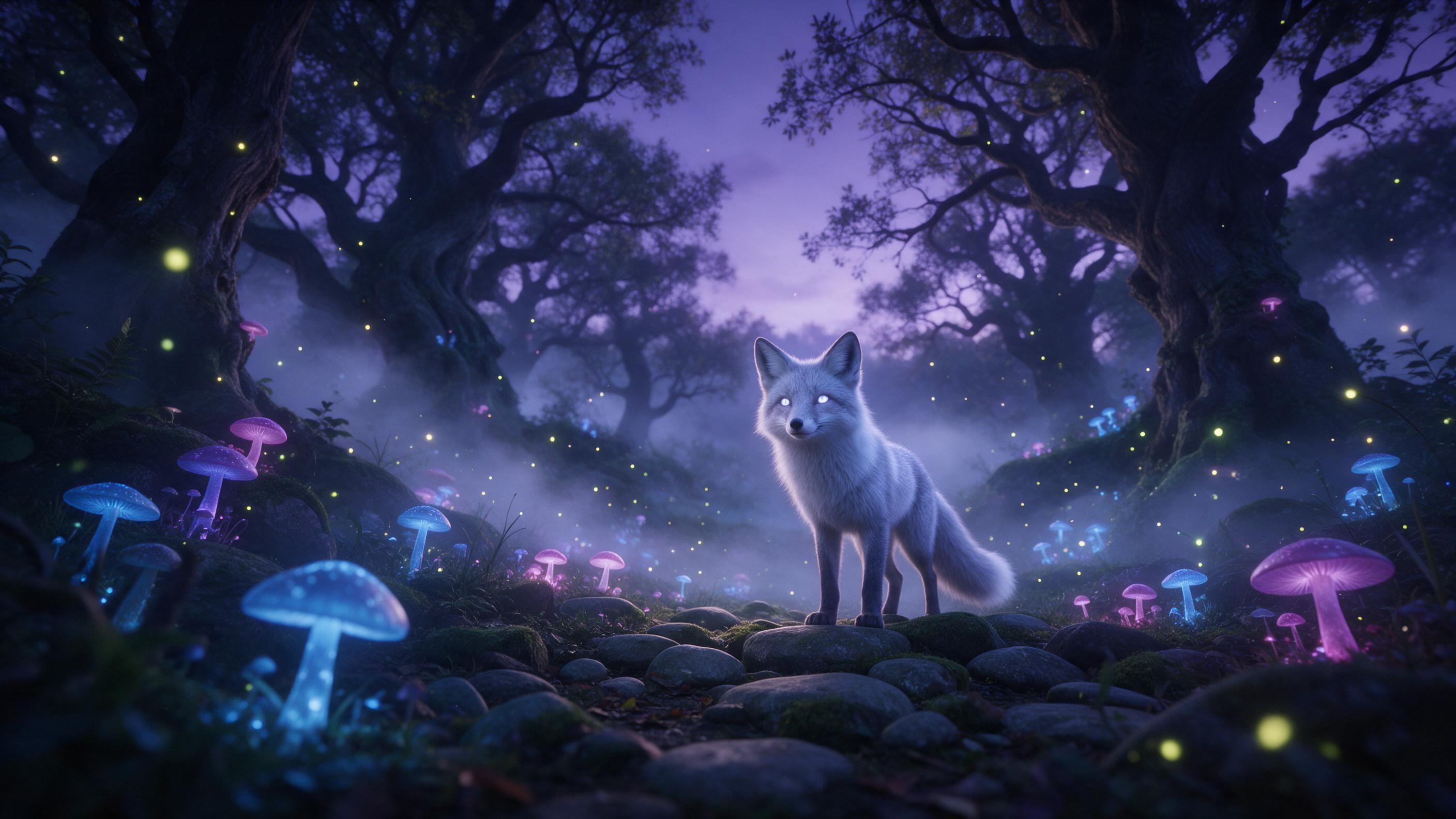 A dreamy forest clearing under a violet twilight sky, glowing mushrooms in blue and magenta, a silver-furred fox with ethereal eyes stands on mossy stones, soft mist weaving between ancient gnarled trees, fireflies sparkling, cinematic low-angle shot, magical atmosphere