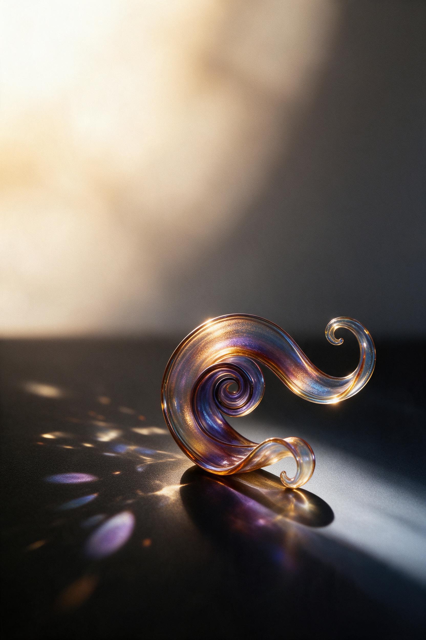 A fluid sculpture of molten glass, swirling ribbons of iridescent color catching low-angle sunlight, casting delicate refractions on a matte black surface, minimal composition with deep negative space, subtle grain, soft shadows