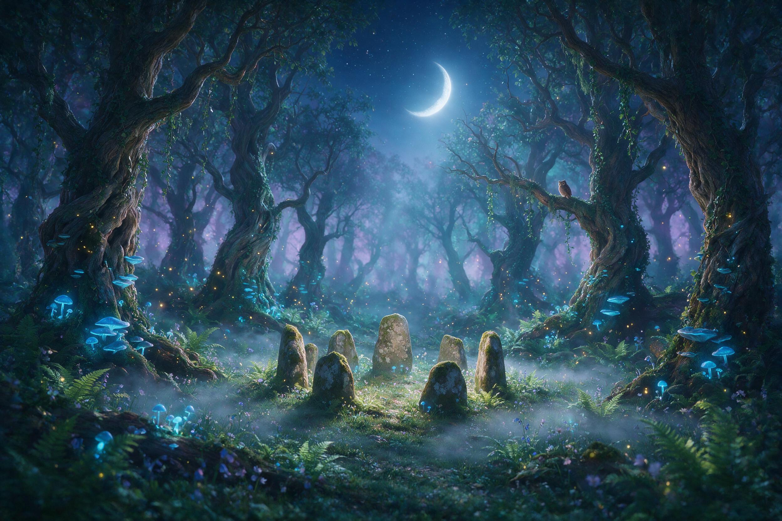 A moonlit enchanted forest clearing, ancient twisted trees with glowing blue mushrooms, a small stone circle, silvery mist drifting between ferns, fireflies tracing golden trails, soft teal and violet palette, gentle volumetric light from a crescent moon, shallow depth of field, dreamy ethereal atmo