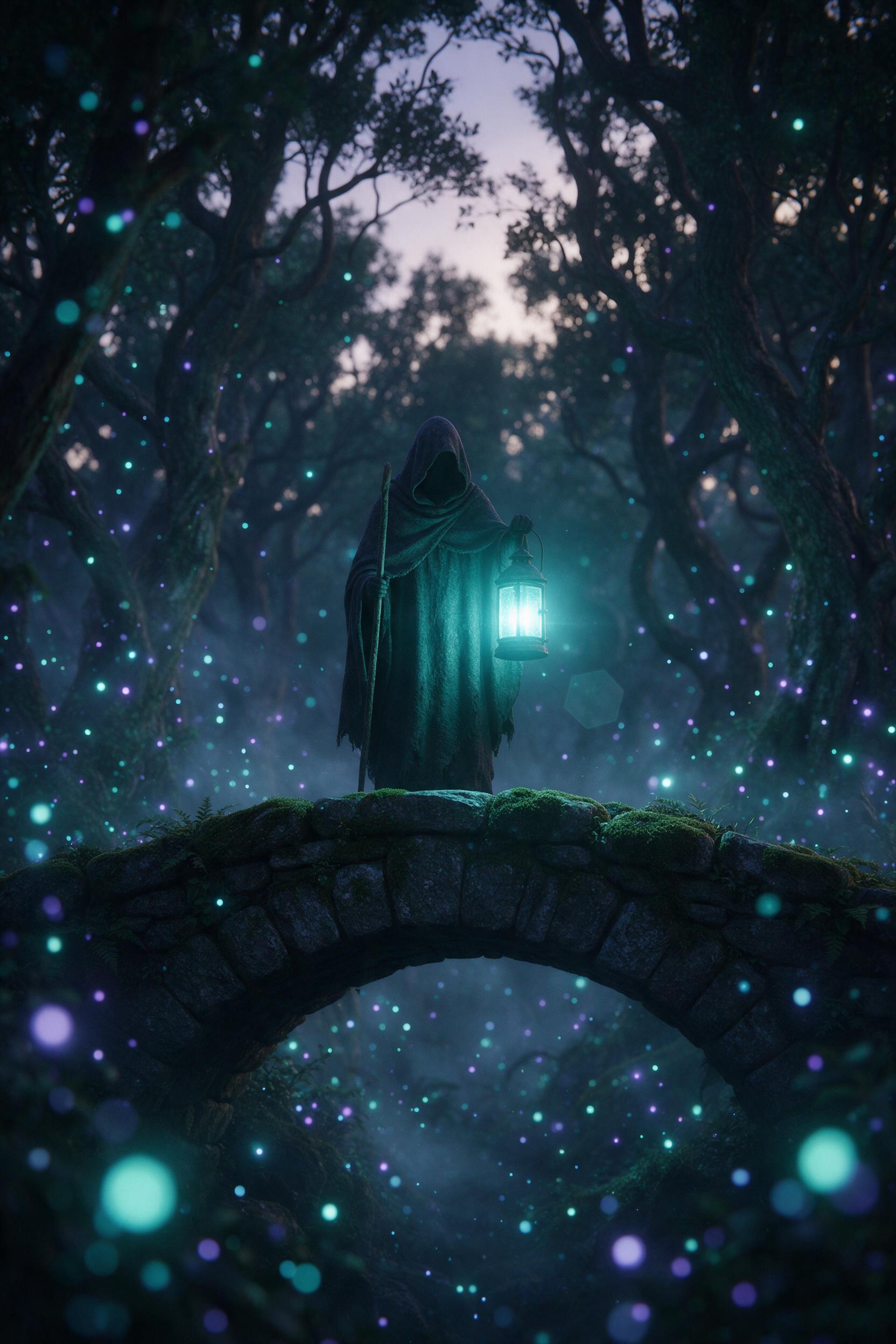 In a bioluminescent forest at dusk, a cloaked traveler holding a glowing lantern stands on a moss-covered stone bridge, fireflies and floating spores casting soft teal and violet light, mist weaving between ancient twisted trees, shallow depth of field focusing on the lantern glow, subtle lens flare