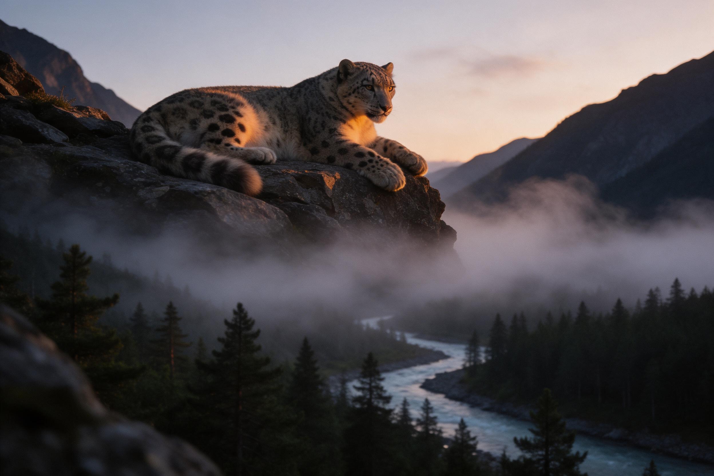 A snow leopard rests on a rocky ledge at dusk, its fur glowing amber in the last light. Soft mist rises from the valley below, where a glacier-fed river winds through pine forest. Subtle motion blur in drifting fog, natural grain, telephoto compression, quiet atmosphere.