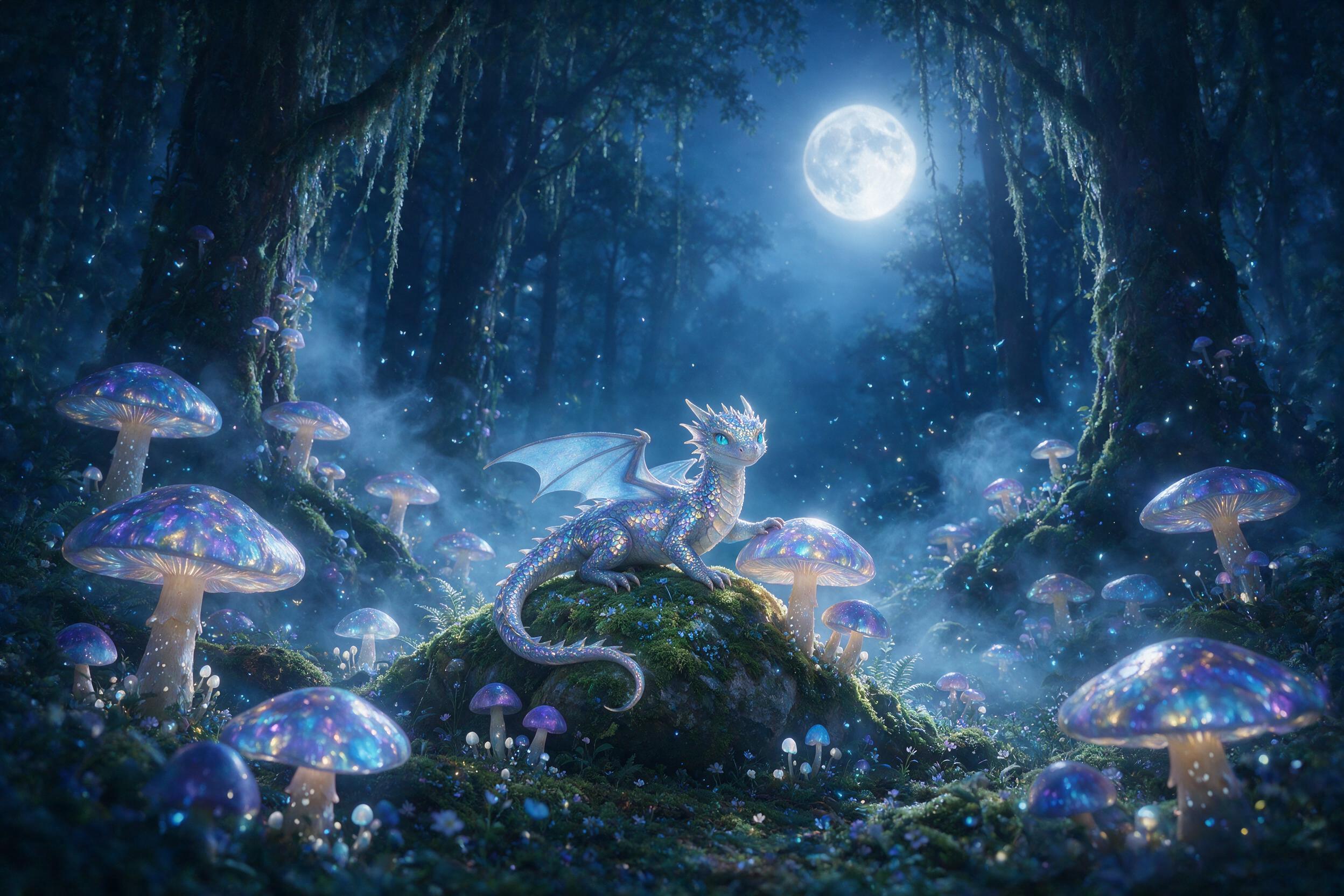 A moonlit enchanted forest clearing, giant glowing mushrooms with iridescent caps, a small dragon with shimmering scales perched on a mossy rock, soft mist swirling between ancient trees, fireflies dancing in the air, cool blue and violet tones, ethereal atmosphere, gentle backlight from the moon.