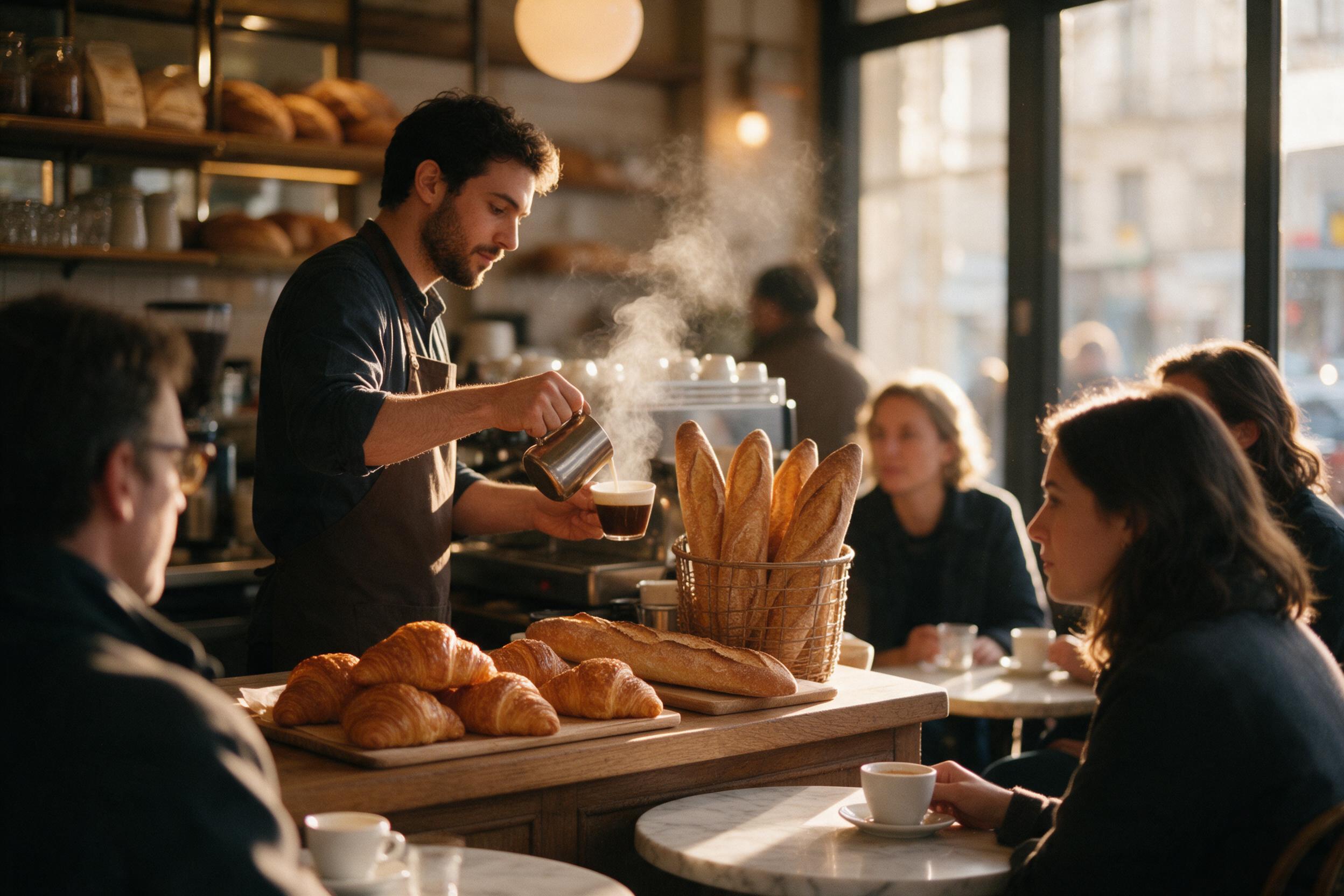A cozy Parisian bakery interior at golden hour, warm sunlight streaming through window, croissants and baguettes on wooden counter, a barista pouring coffee, steam rising, patrons seated at marble tables, soft bokeh in background, natural window light, candid street photography style, slight film gr