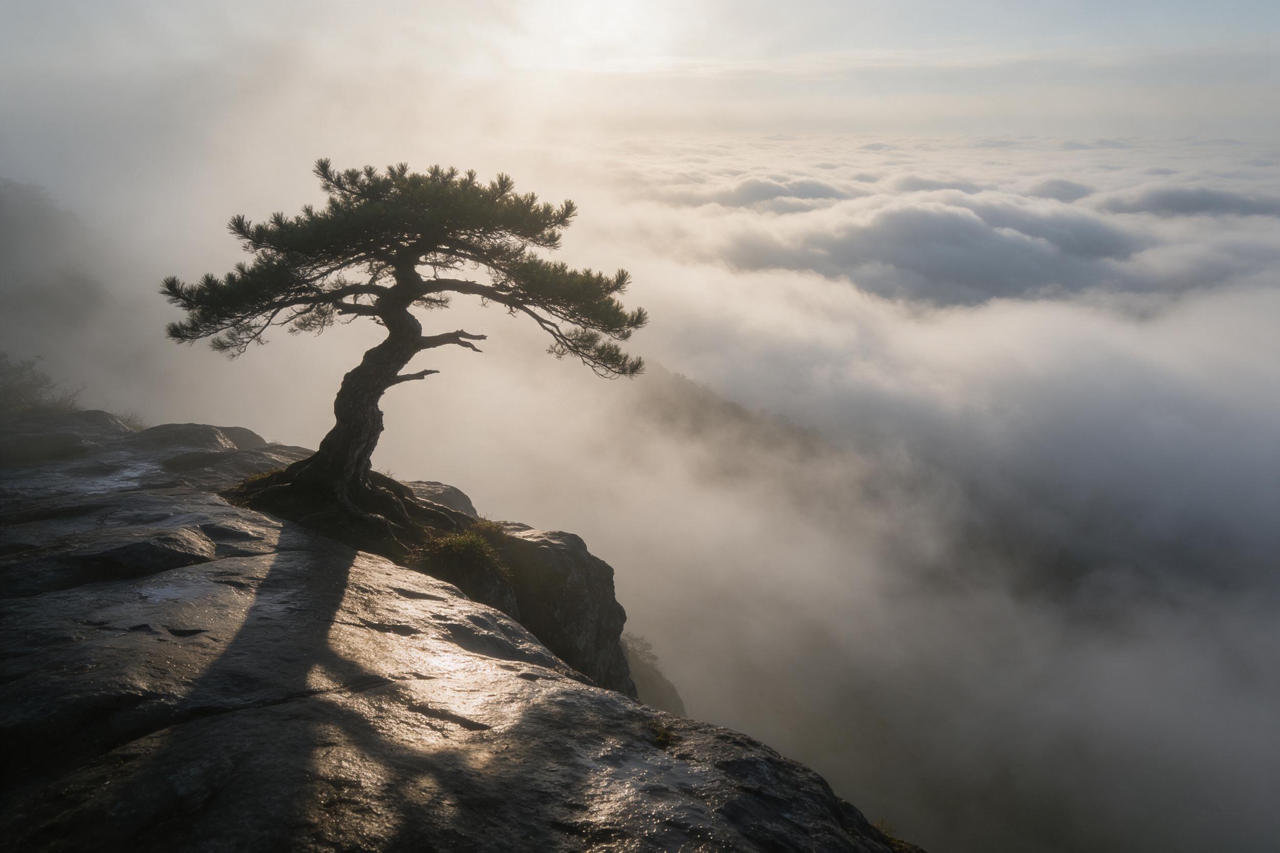 A lone gnarled pine tree clings to a misty cliff edge, overlooking a sea of rolling clouds at dawn. Soft golden sunlight breaks through the fog, casting long shadows across the wet rock. Composition: tree on left, vast valley below, strong depth of field. Natural muted color palette.
