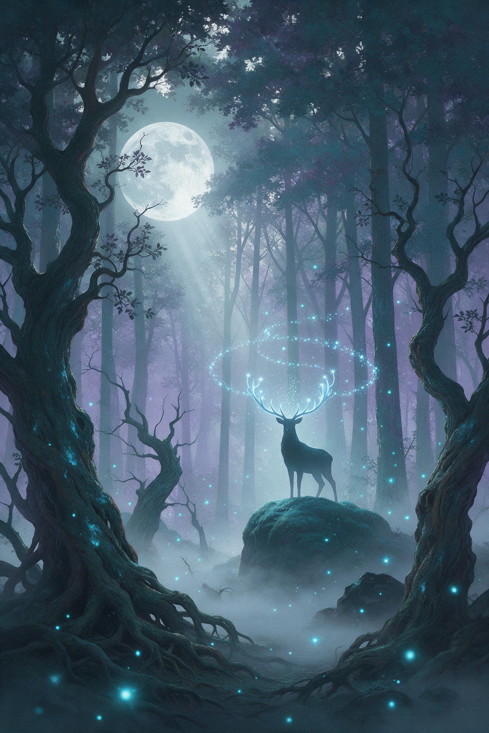 A moonlit enchanted forest with ancient gnarled trees, glowing blue fireflies floating in spirals, silver mist hugging the ground, a silhouetted stag with glowing antlers standing on a mossy rock, soft volumetric light rays piercing through canopy, muted teal and lavender palette, ethereal painterly