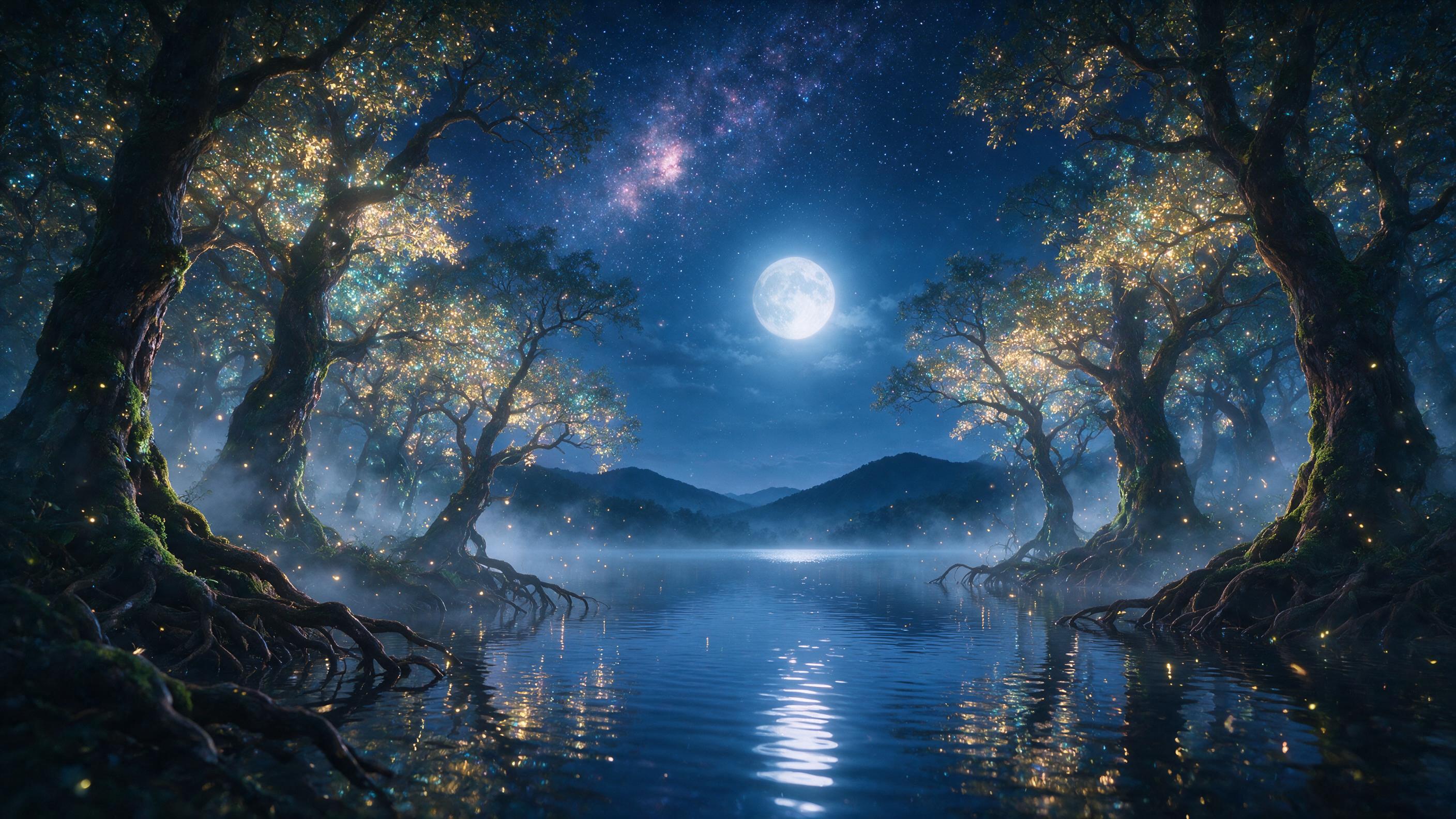 A luminous moonlit lake surrounded by ancient, glowing trees with roots diving into the water. Fireflies float in the misty air, casting soft reflections on the surface. Silhouettes of distant mountains under a starry sky. Deep blue and purple hues, gentle fog, ethereal light.