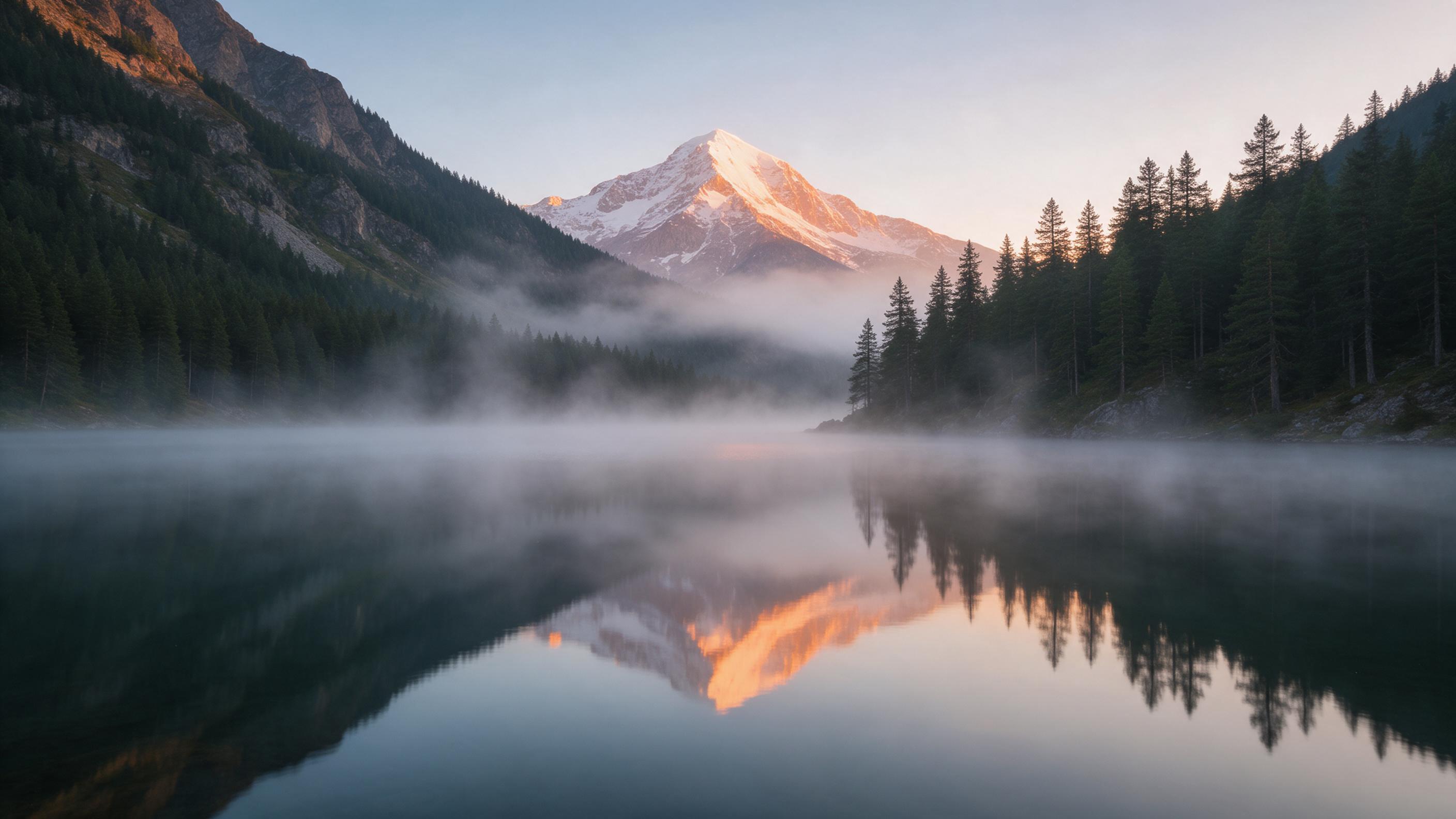 A tranquil mountain lake at dawn, mist swirling over the glassy surface, pine forests on rugged slopes, first sunlight painting the snow-capped peak in warm orange, soft reflections in water, long exposure smoothness, gentle natural color grading
