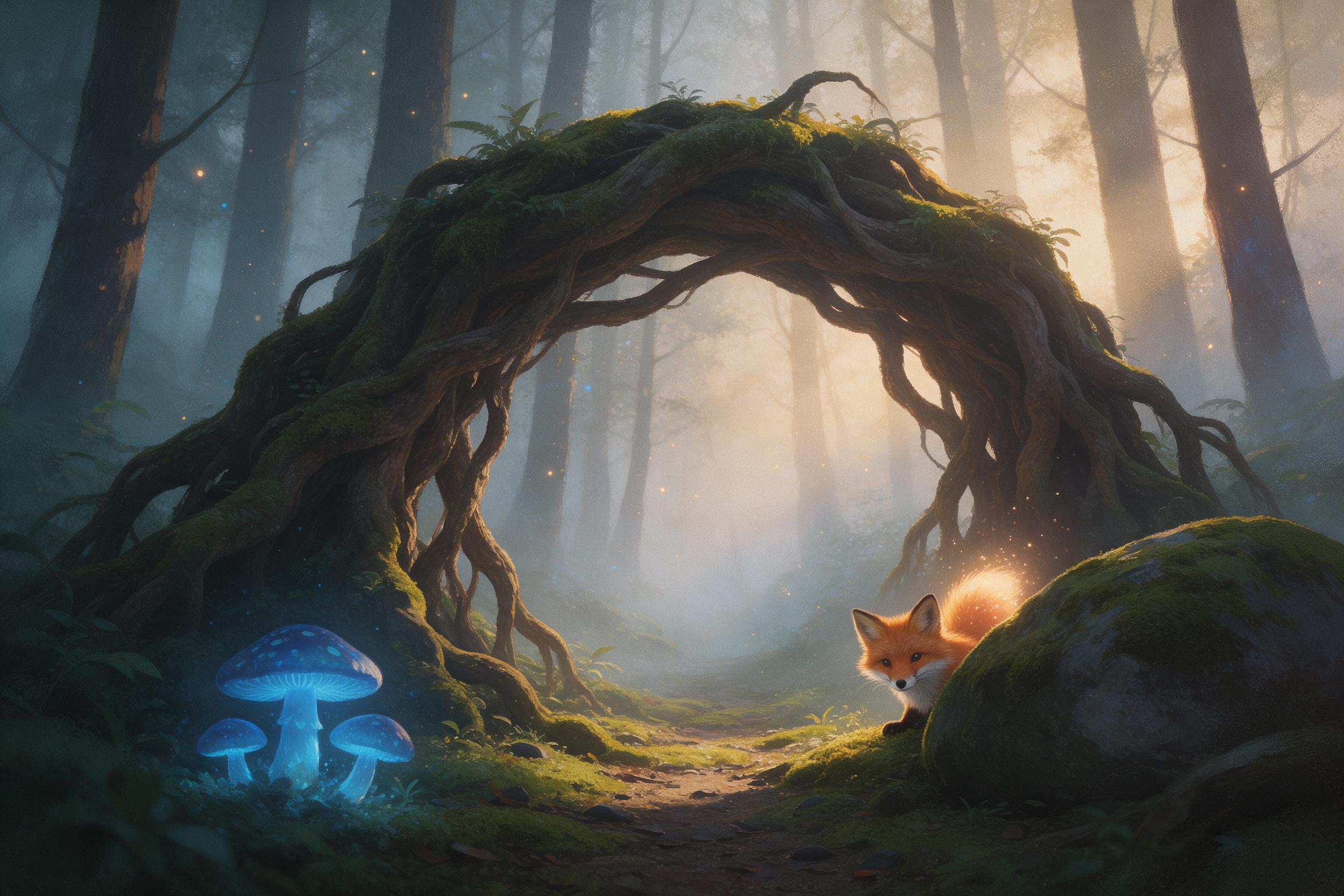 A misty ancient forest at dawn, colossal twisted roots forming a natural archway, soft golden light filtering through fog, glowing blue mushrooms along a mossy path, a tiny fox with a glowing tail peering from behind a rock, ethereal atmosphere, cinematic depth, painterly style with soft brushstroke