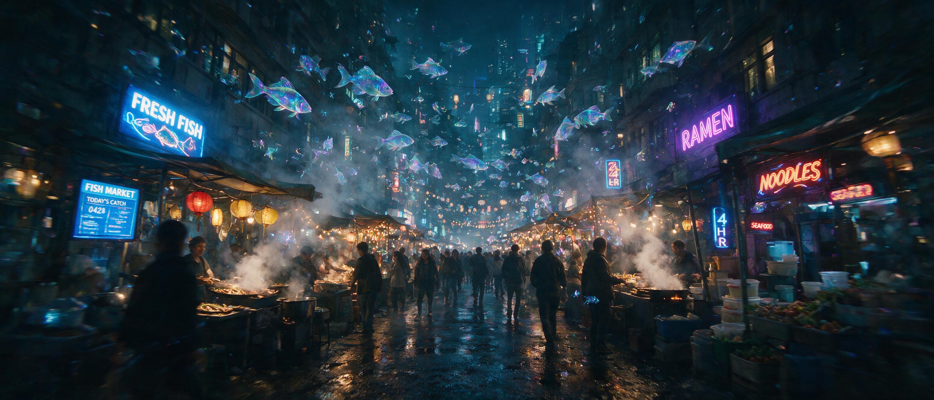 A neon-lit cyberpunk street market at midnight, holographic fish swimming through misty air, steam rising from food stalls, reflections in rain-soaked asphalt, warm amber light contrasting with cool blue signs, slight camera motion blur from handheld shot