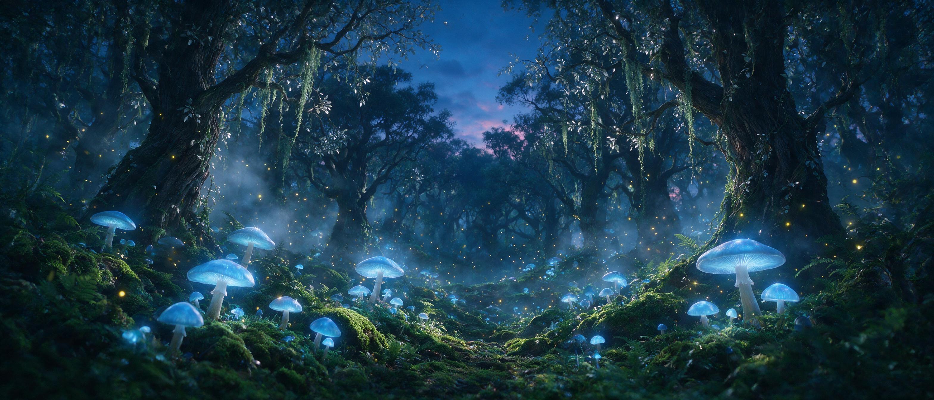 A luminous forest at twilight, giant glowing mushrooms casting soft blue light on mossy ground, ethereal fireflies floating in mist, ancient twisted trees with silver leaves, cinematic composition, volumetric lighting, dreamy atmosphere, subtle lens flare.