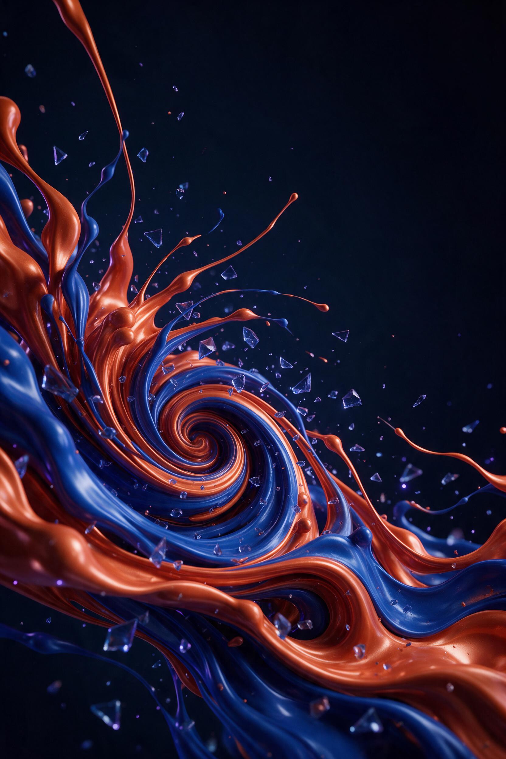 Molten copper and cobalt blue liquid streams swirling in a dark void, with delicate glass shards suspended in mid-air, each catching a soft purple rim light, deep shadows creating a sense of infinite depth, minimal composition with negative space at the top right, smooth and viscous texture contrast
