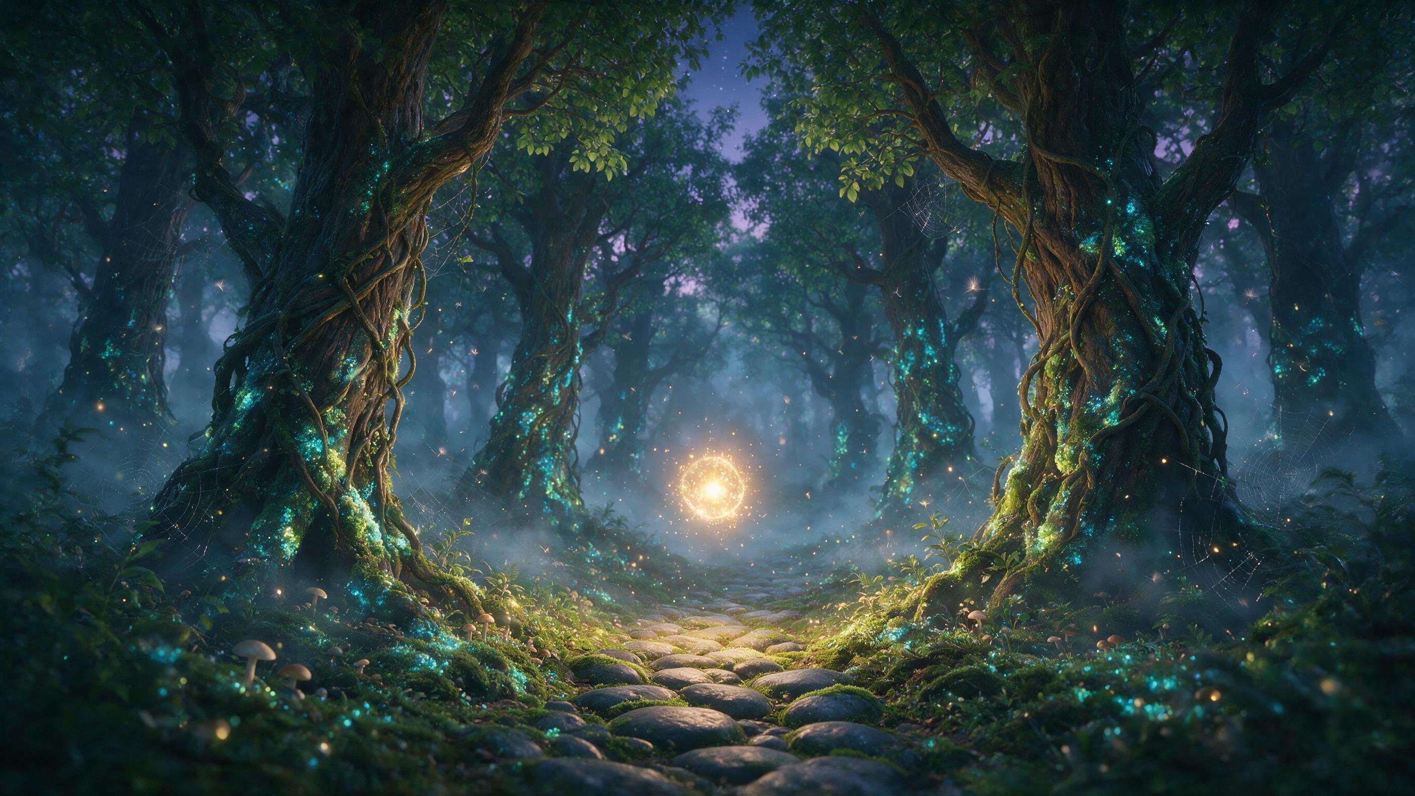 An ethereal forest at twilight, with ancient, gnarled trees whose bark glows with soft bioluminescent blue and green moss. A narrow, winding path of smooth, moss-covered stones leads into the misty distance, illuminated by a single, floating, ethereal orb of warm golden light. The air is thick with 