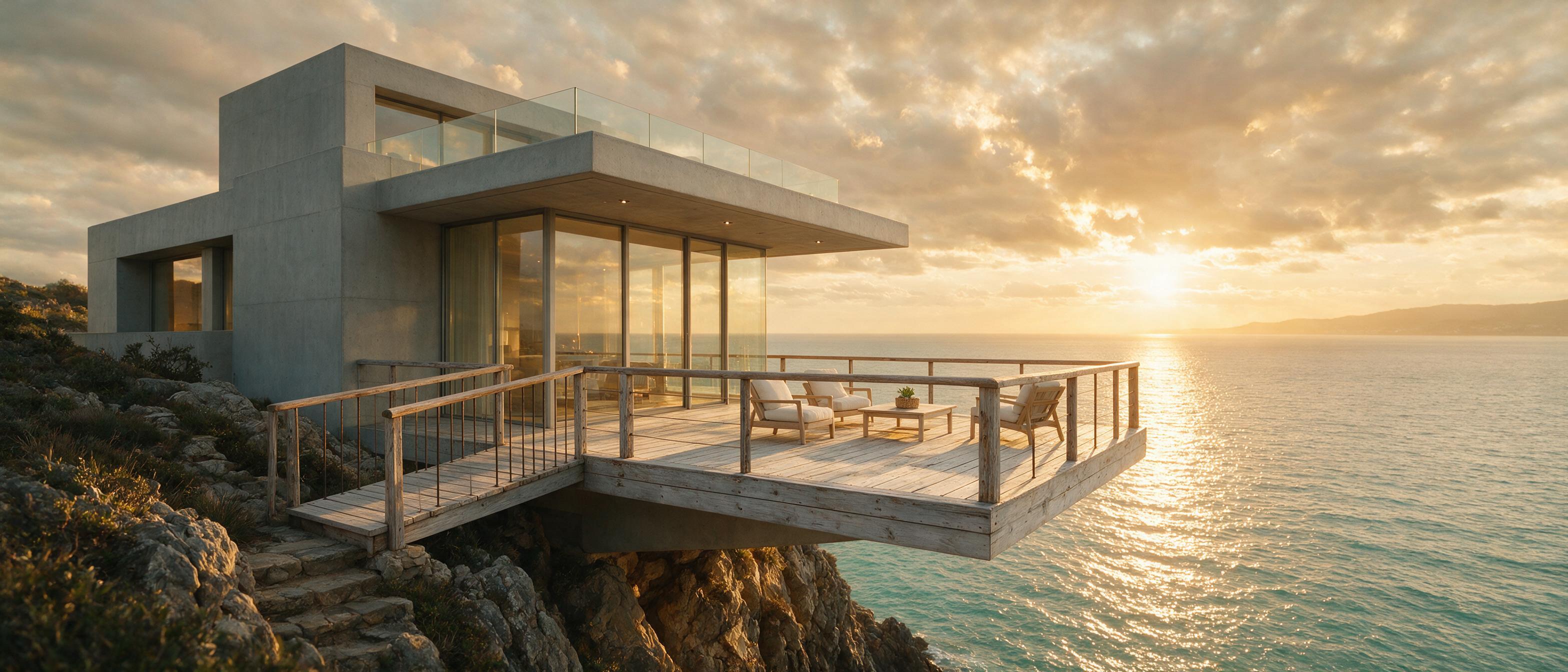 A minimalist concrete villa perched on a rugged cliff, cantilevered over the sea. Avert the coast with warm sunset light casting long shadows. Composition: wide-angle, low angle, emphasizing cantilever. Sun-bleached wood deck, salt-worn railings. Calm sea below, horizon wide. Overcast sky with silve