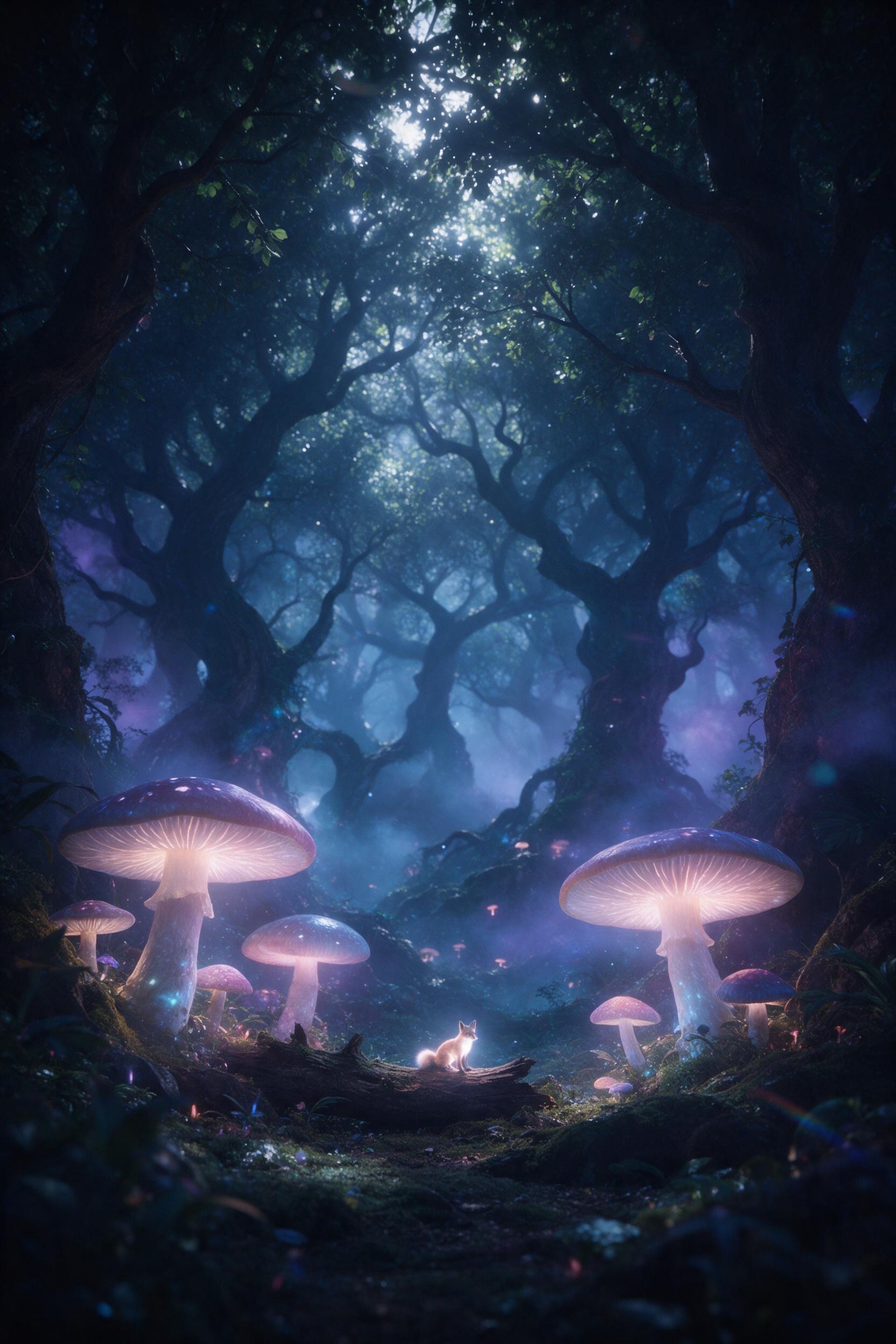 Enchanted forest at twilight, colossal glowing mushrooms casting soft bioluminescent light on mossy ground, ethereal blue and purple mist weaving between ancient twisted trees, a small luminous fox perched on a fallen log, dappled moonlight filtering through dense canopy, subtle lens flare, shallow 