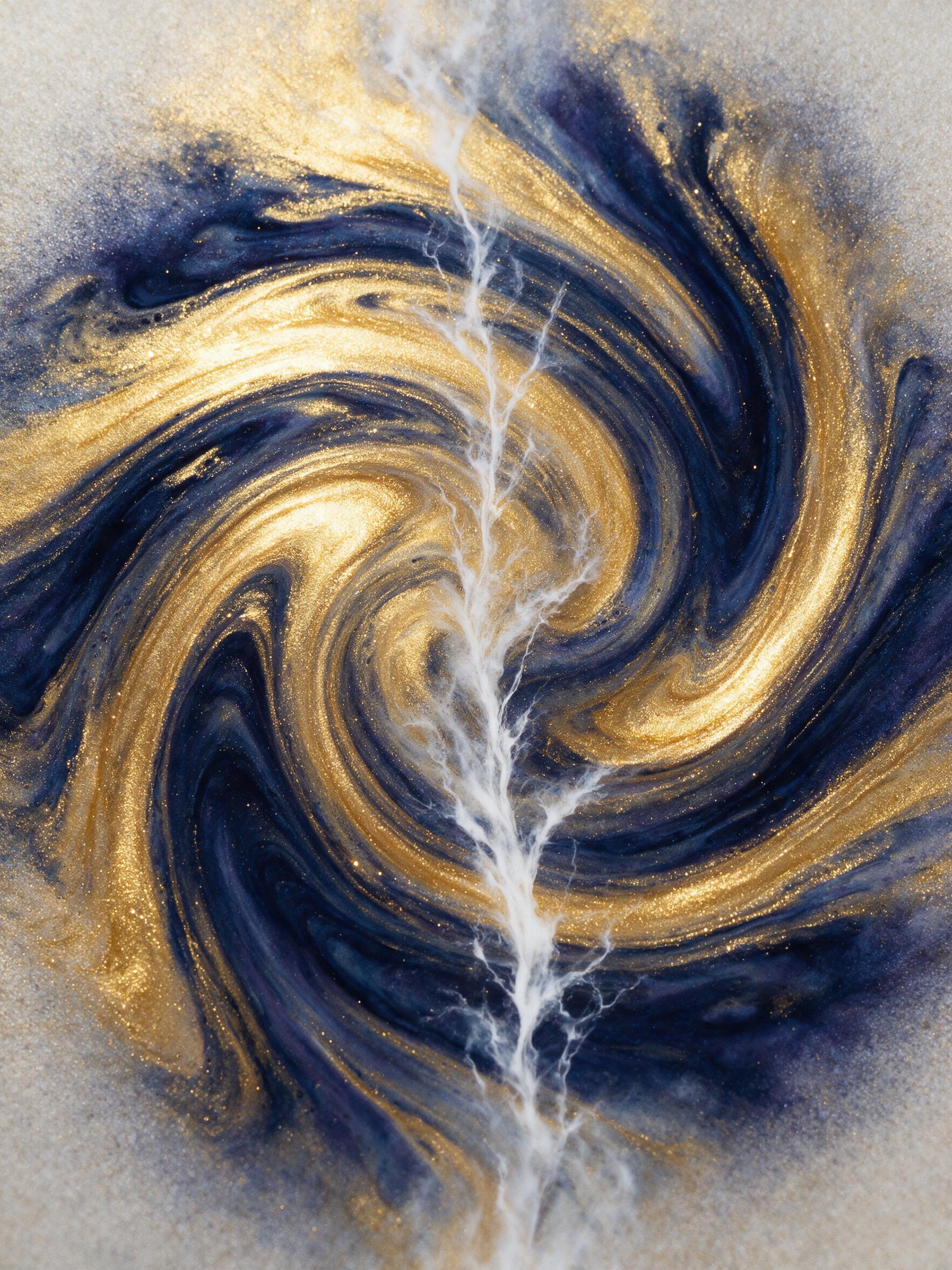 A swirling vortex of metallic gold and deep indigo fluid art, with delicate white marble veins cutting through the center, soft diffused studio lighting, captured on a macro lens with slight grain, no text or faces