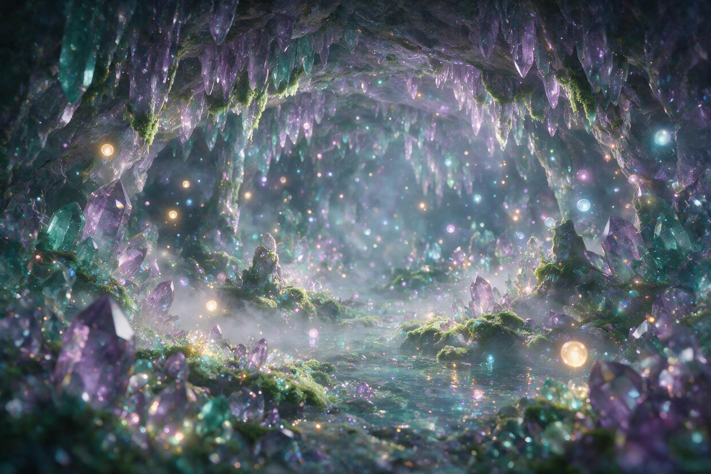 A luminous crystal cave illuminated by floating bioluminescent orbs, delicate moss-covered stalactites, a gentle mist swirling around crystalline formations, soft ethereal light casting rainbow reflections, subtle purple and teal colors, dreamlike atmosphere, shallow depth of field with foreground c