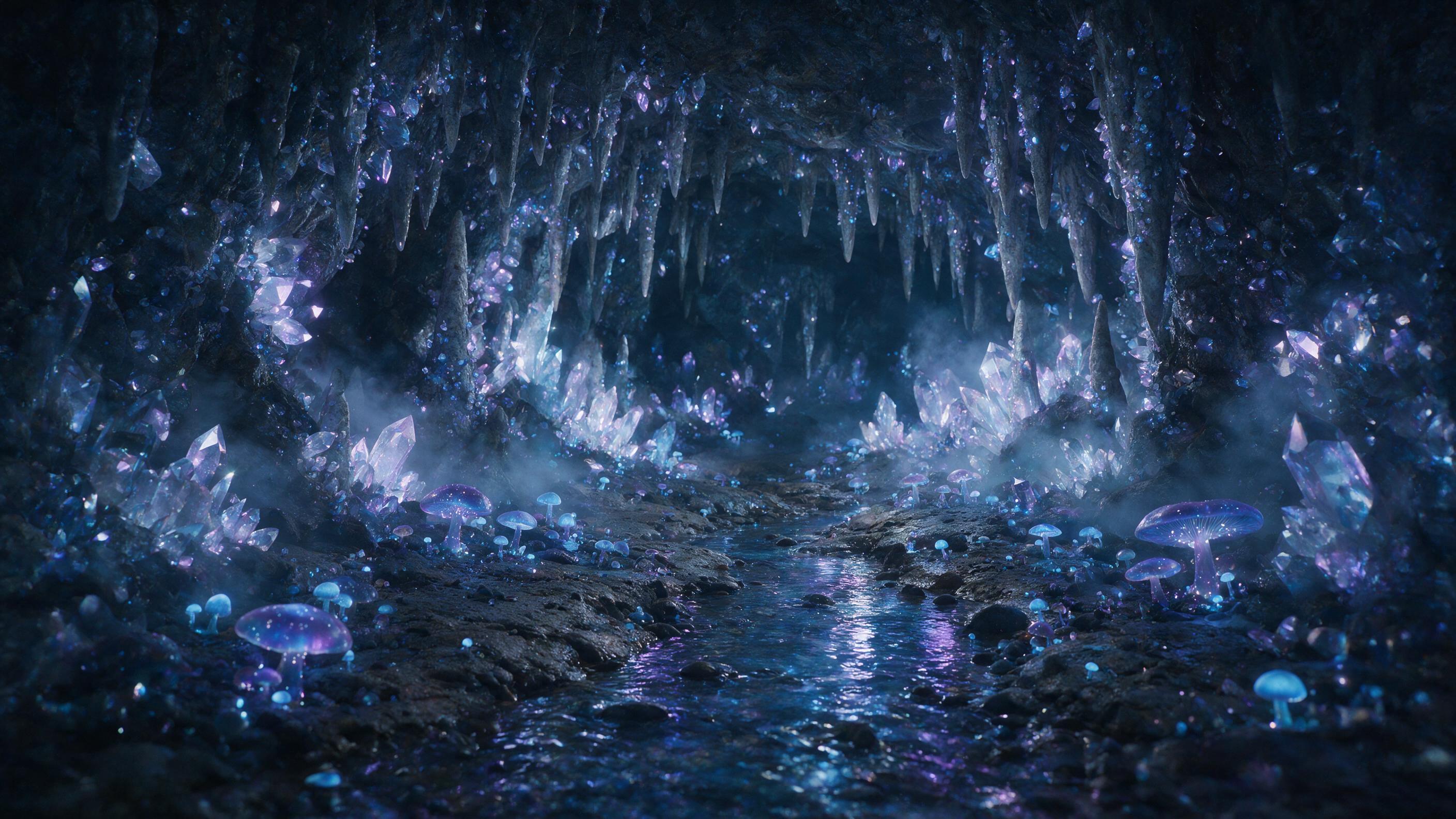 A luminous crystal cave deep underground, glowing blue and purple mushrooms scattered on the damp floor, a small stream reflecting bioluminescent light, mist swirling around stalactites, soft ethereal glow from the crystals, dreamlike atmosphere, slight fog, cinematic composition.