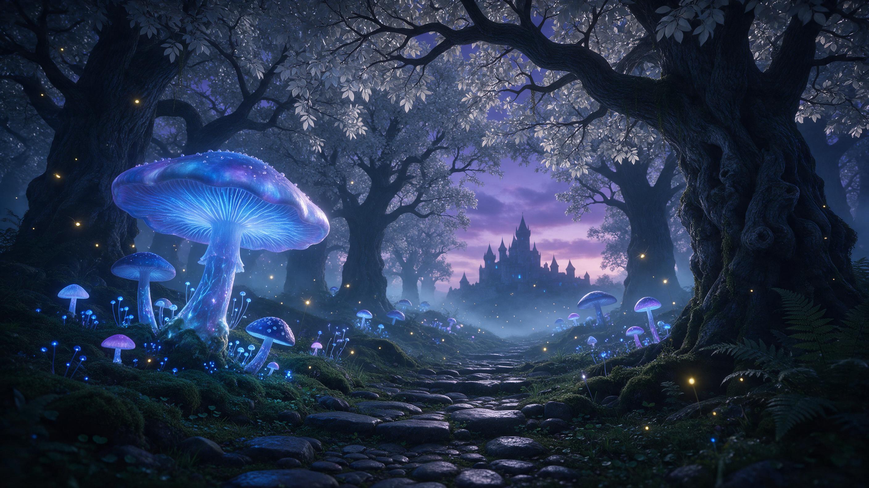 A glowing ethereal forest at twilight, giant bioluminescent mushrooms casting soft blue and purple light, ancient oak trees with silver leaves, a winding mossy path leading to a distant castle silhouette, mist weaving between trunks, fireflies in the air, dramatic chiaroscuro contrast, cinematic com