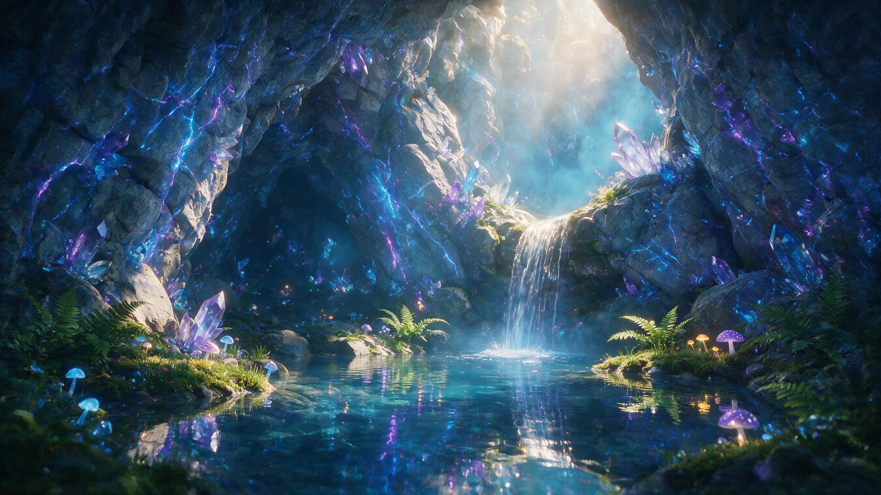 A luminous crystal cave, glowing blue and purple veins in the rock walls, a small waterfall cascading into a mirror-like pool, ethereal light rays filtering through mist, delicate ferns and glowing mushrooms along the water's edge, dreamy atmosphere with soft reflections