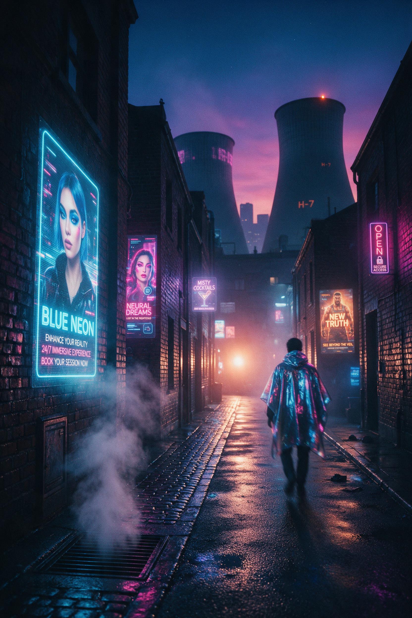 A rain-slicked neon alley at night, holographic advertisements flickering on wet brick walls. A lone figure in a reflective poncho walks toward a faint light, steam rising from a grate. Cooling towers loom above, silhouetted against a purple-pink sky. Soft focus background, slight motion blur, leadi