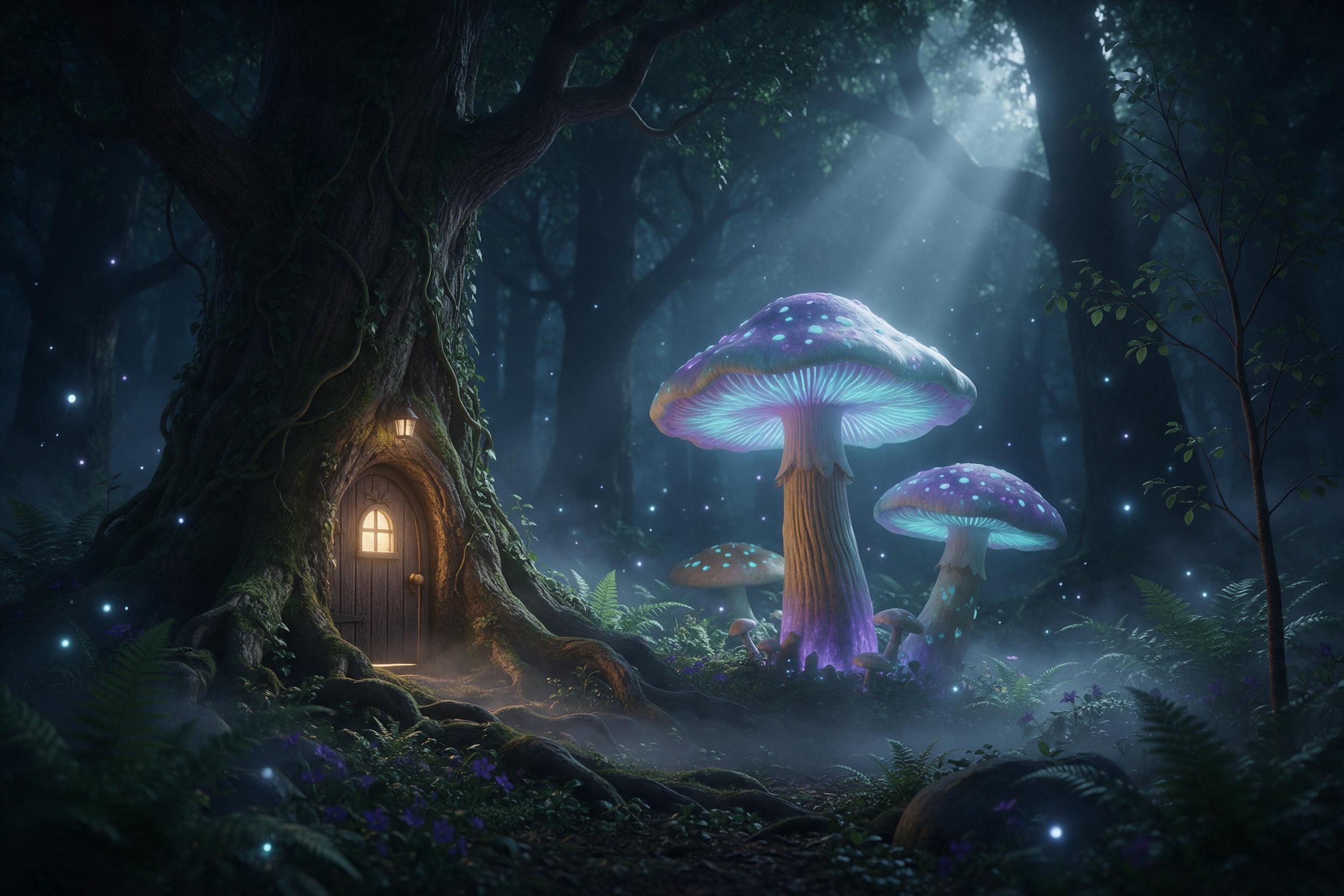 Enchanted ancient forest clearing, colossal bioluminescent mushrooms glowing in cyan and violet, a tiny wooden door at the base of an oak tree, soft mist weaving through ferns, fireflies in the air, moonbeam rays filtering through canopy, ethereal atmosphere.