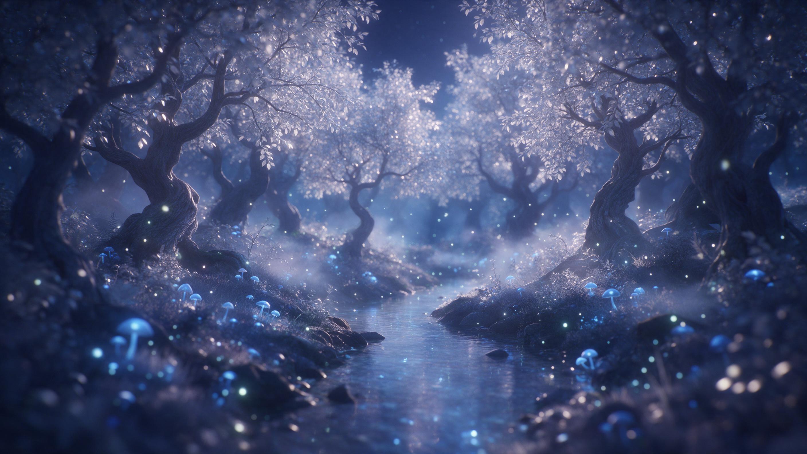 A moonlit enchanted forest with glowing blue mushrooms and floating fireflies, a crystal-clear stream reflecting the stars, ancient twisted trees with silver leaves, soft mist curling through the undergrowth, cool blue and purple tones, ethereal atmosphere, shallow depth of field, gentle backlightin