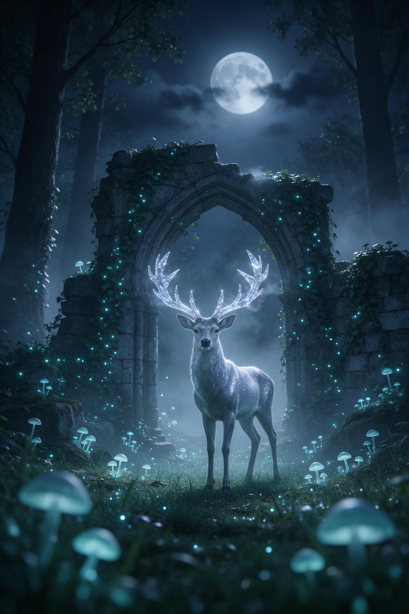 A misty moonlit forest clearing where bioluminescent mushrooms cast a soft blue-green glow on ancient stone ruins overgrown with glowing ivy. A silver stag with antlers of crystallized moonlight stands still, watching the viewer. Cool tones, ethereal atmosphere, shallow depth of field with foregroun